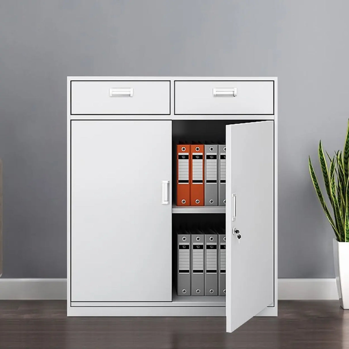 Vertical Grey Steel Filing Cabinet with Lock and Drawers Image - 17