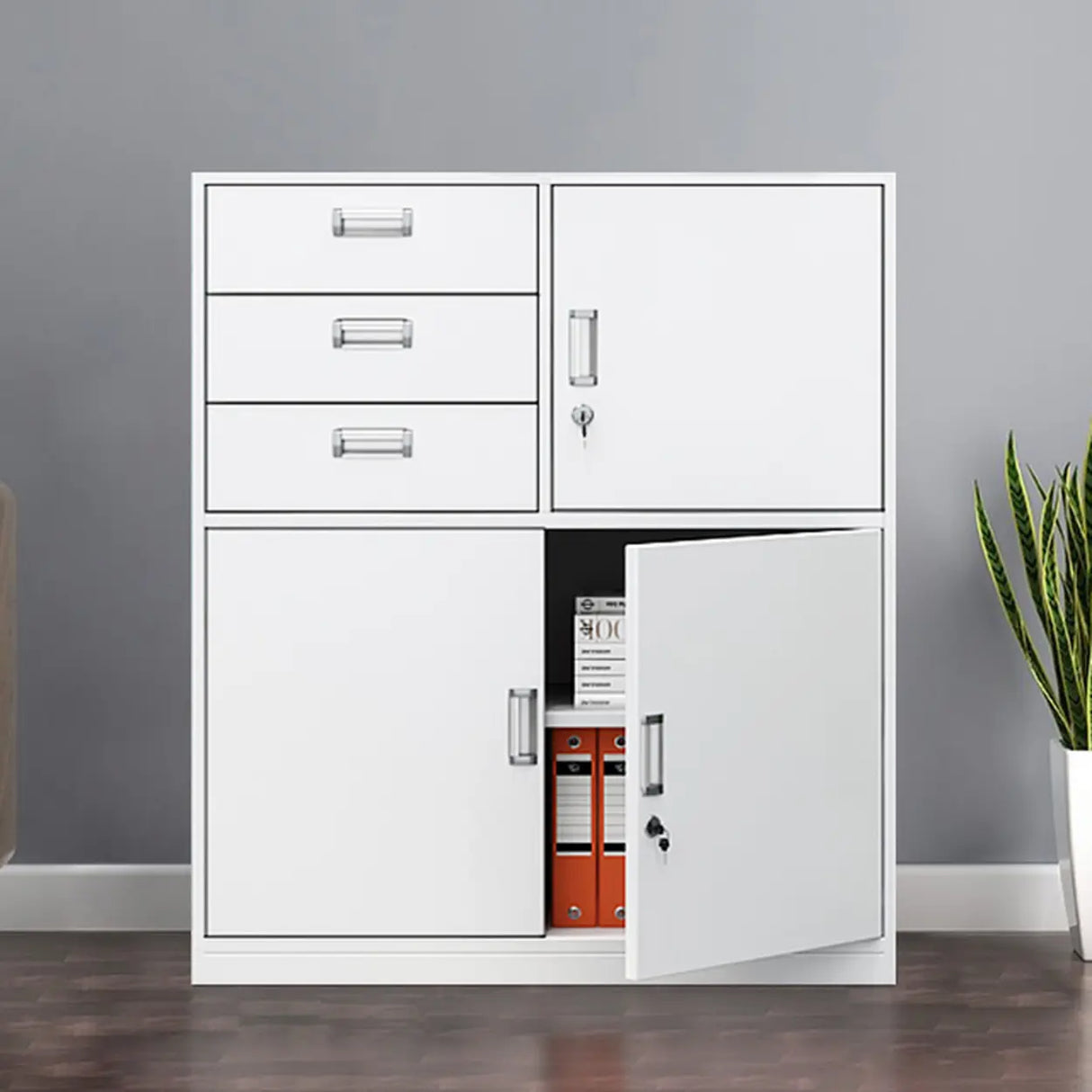 Vertical Grey Steel Filing Cabinet with Lock and Drawers Image - 18