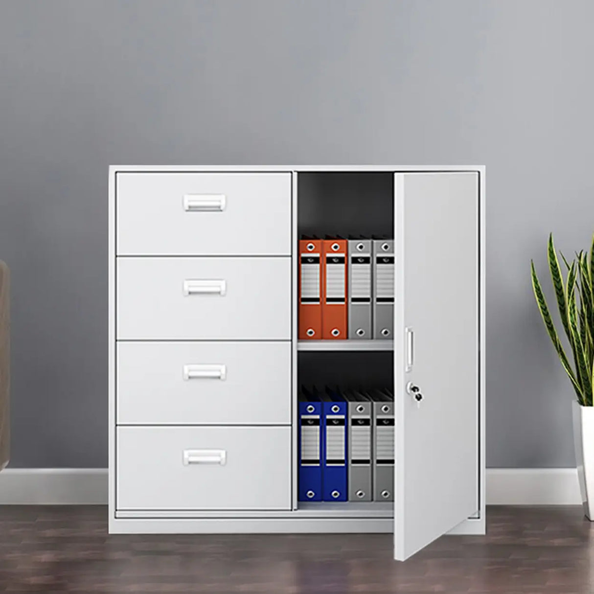 Vertical Grey Steel Filing Cabinet with Lock and Drawers Image - 19