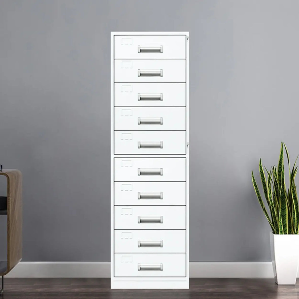 Vertical Grey Steel Filing Cabinet with Lock and Drawers Image - 2