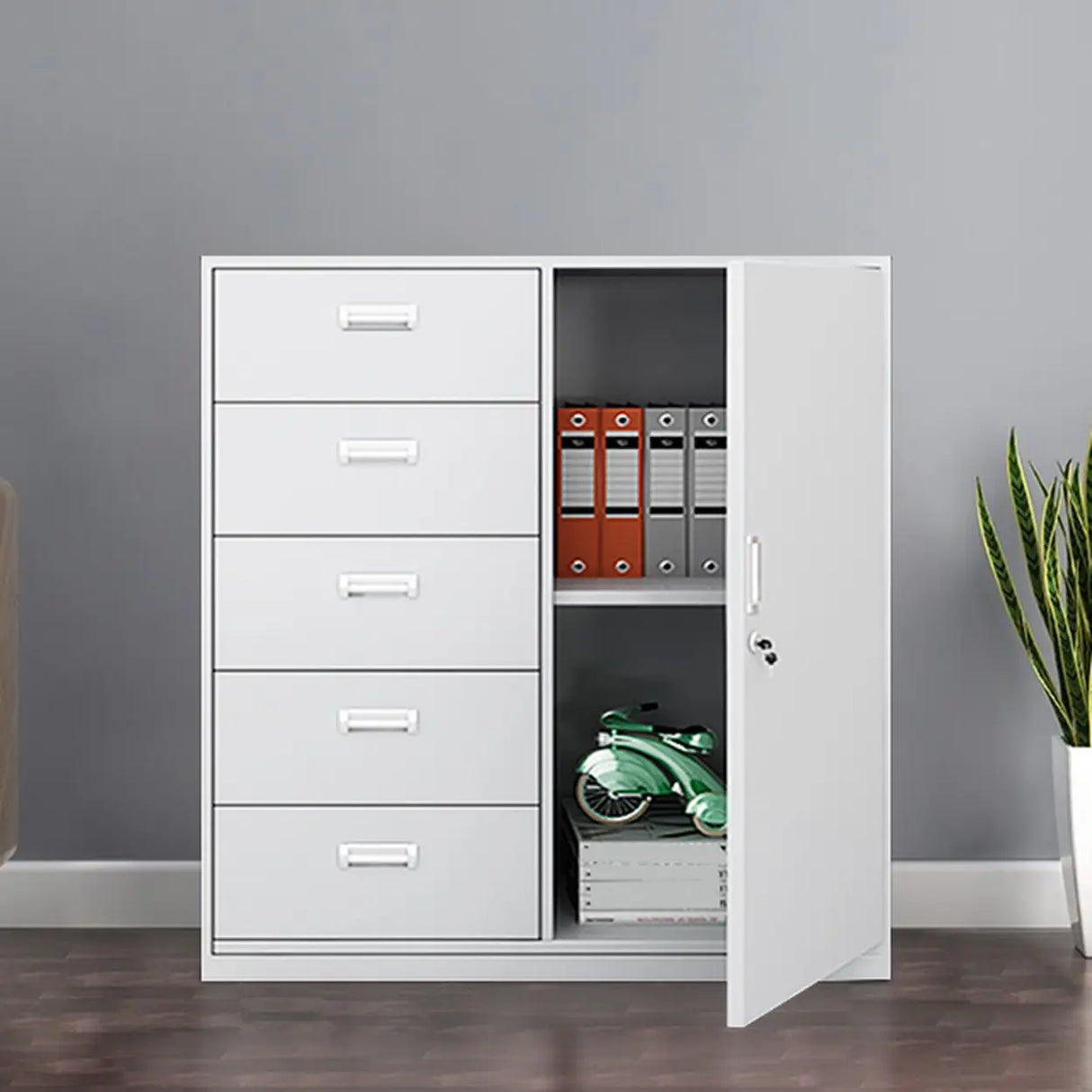 Vertical Grey Steel Filing Cabinet with Lock and Drawers Image - 20