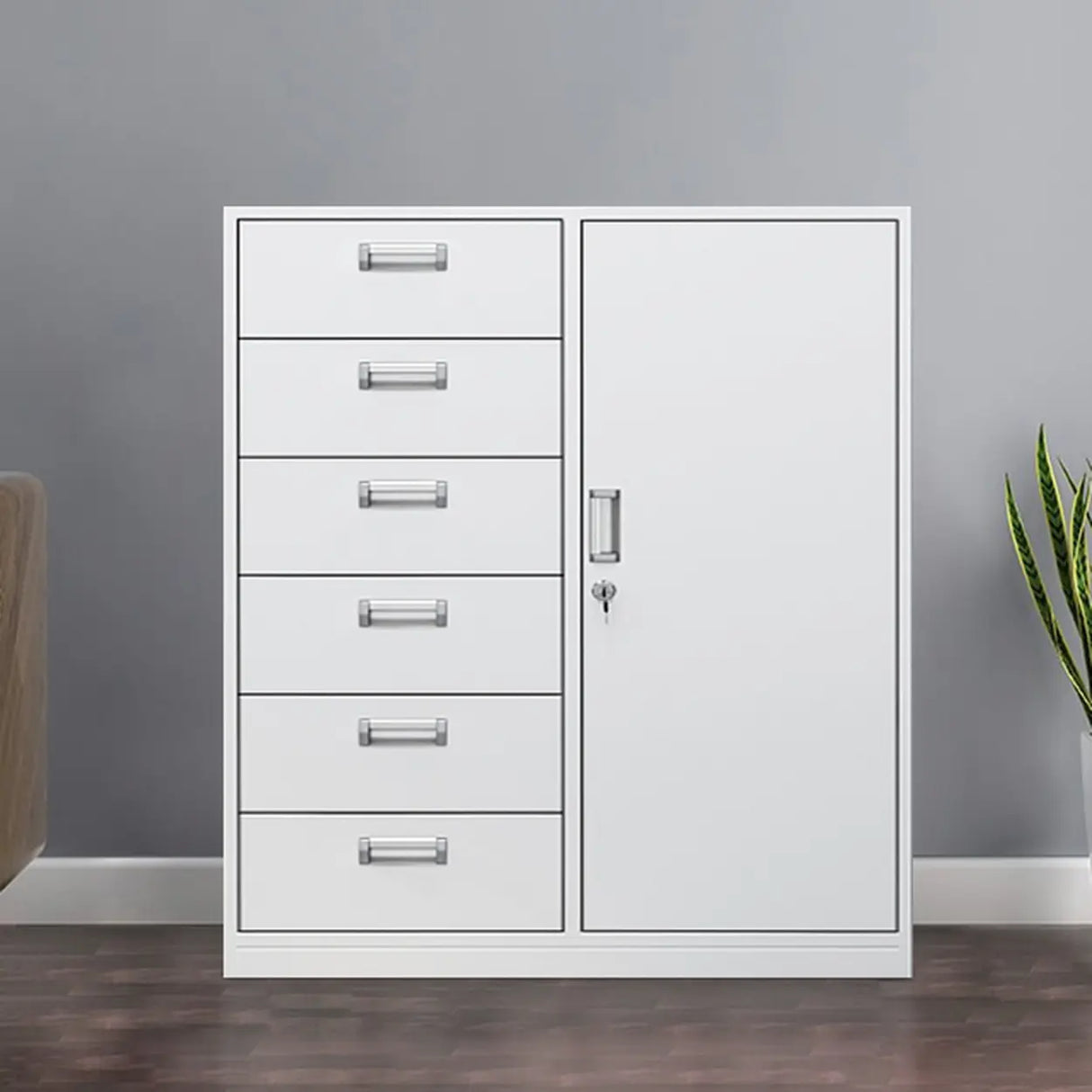Vertical Grey Steel Filing Cabinet with Lock and Drawers Image - 21