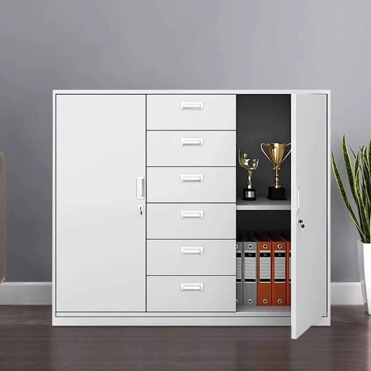 Vertical Grey Steel Filing Cabinet with Lock and Drawers Image - 22