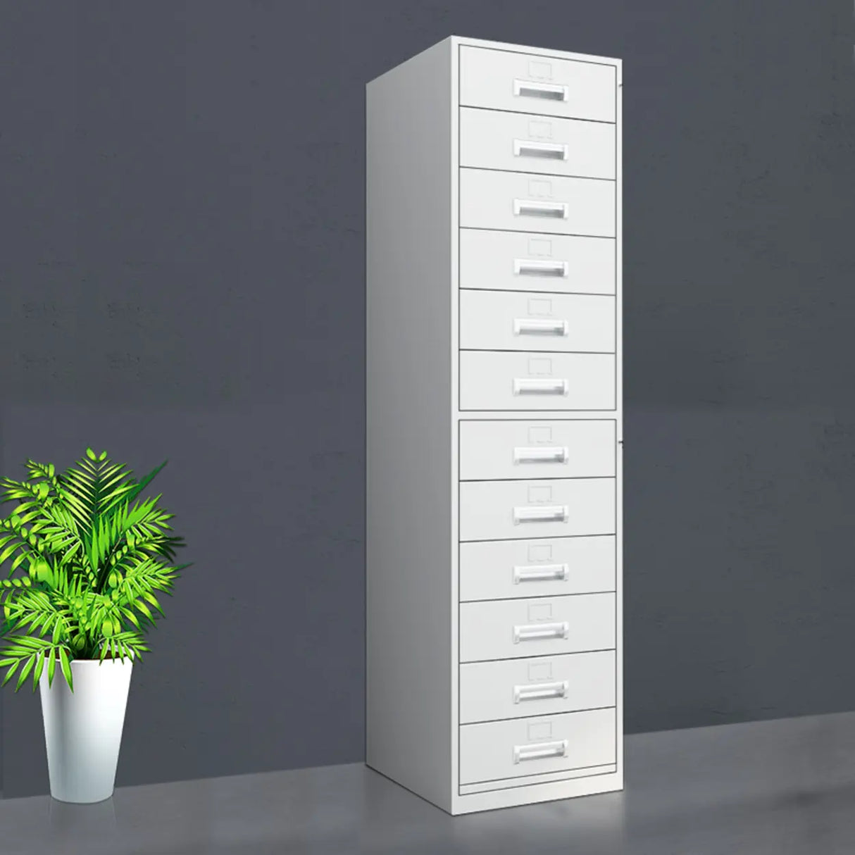 Vertical Grey Steel Filing Cabinet with Lock and Drawers Image - 3