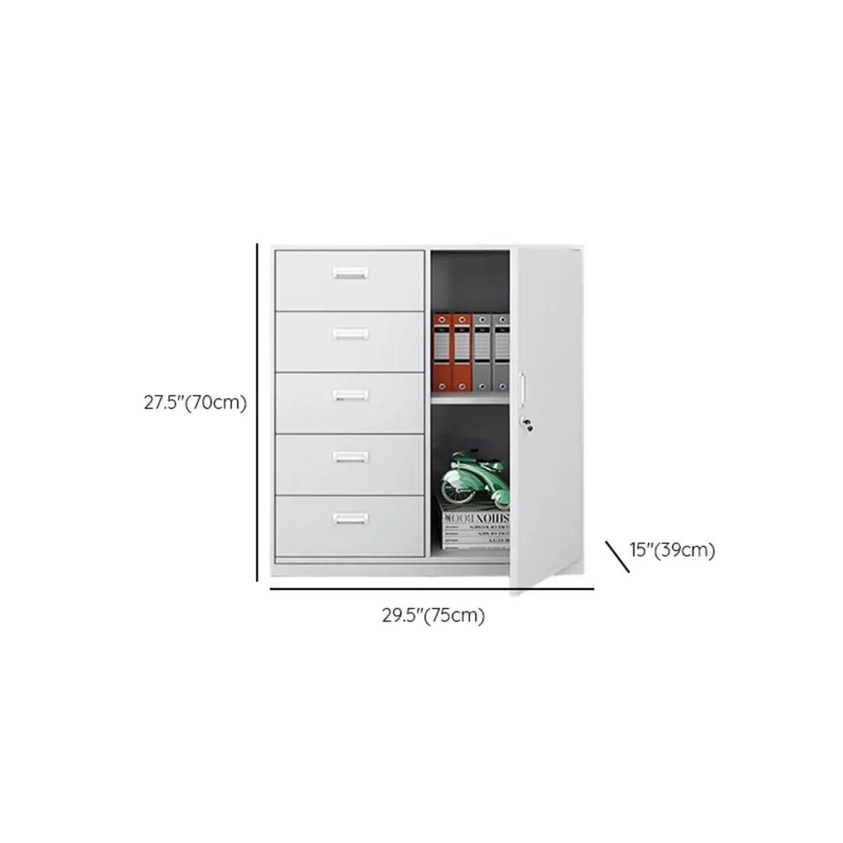 Vertical Grey Steel Filing Cabinet with Lock and Drawers Image - 34
