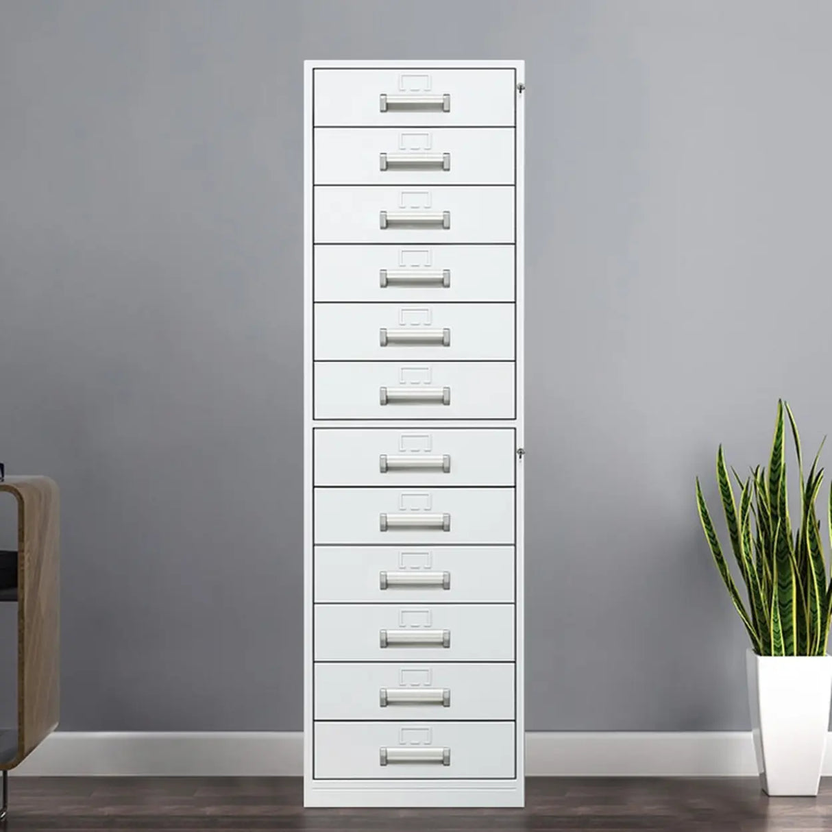 Vertical Grey Steel Filing Cabinet with Lock and Drawers Image - 4