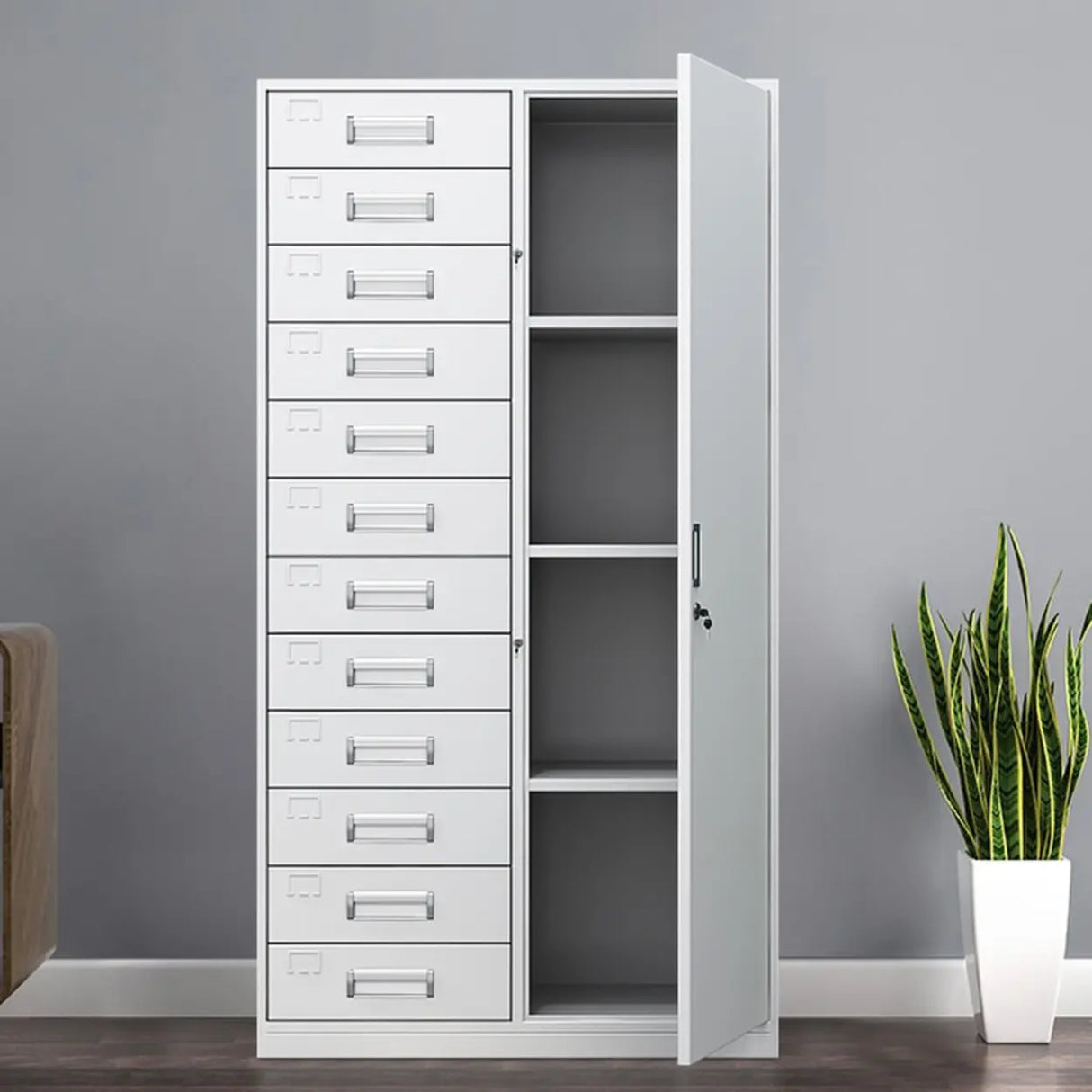 Vertical Grey Steel Filing Cabinet with Lock and Drawers Image - 7