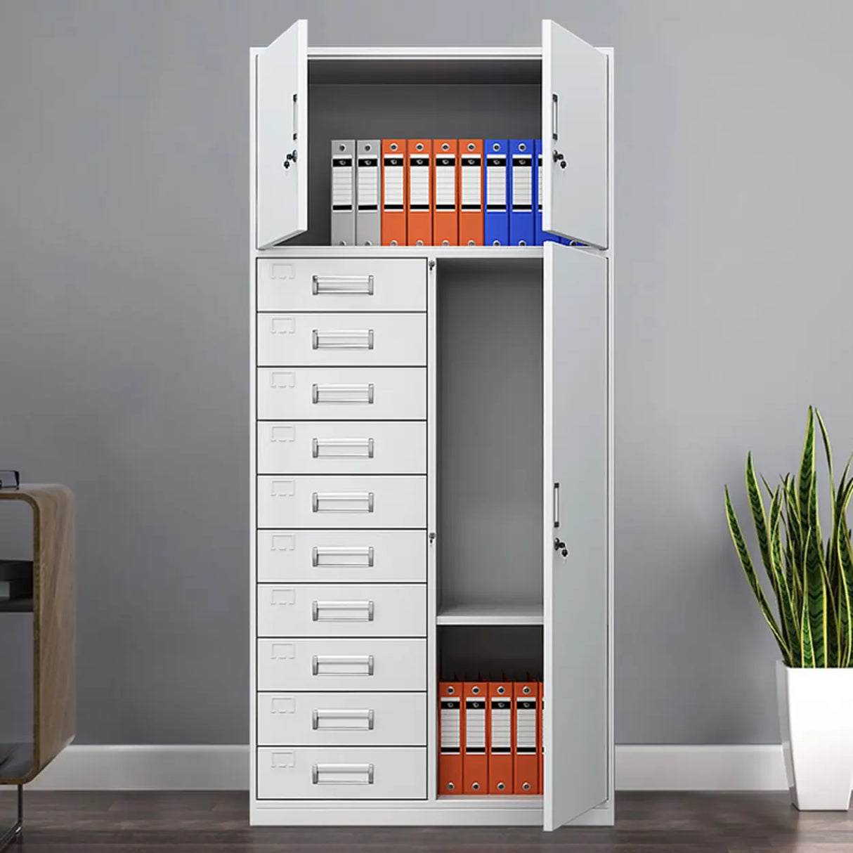 Vertical Grey Steel Filing Cabinet with Lock and Drawers Image - 9