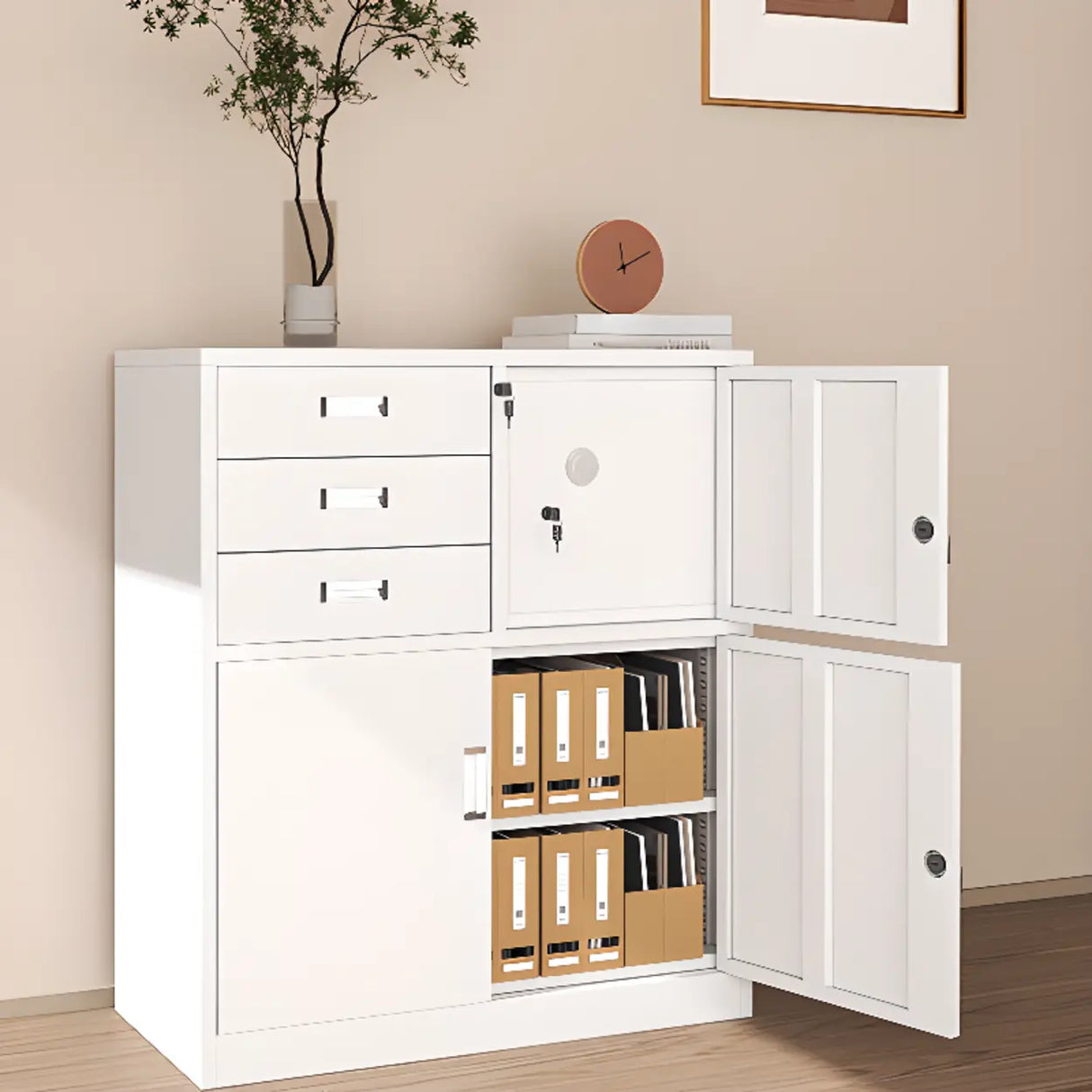 Vertical Metal White Filing Cabinet with Lockable Drawers Image - 5