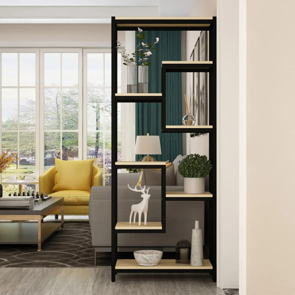 Vertical Modern Black Metal Frame Open Etagere Bookcase Image - 1