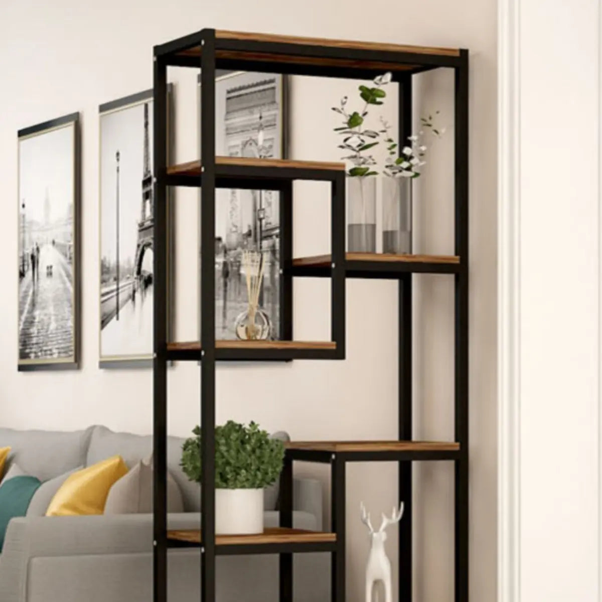 Vertical Modern Black Metal Frame Open Etagere Bookcase Image - 11