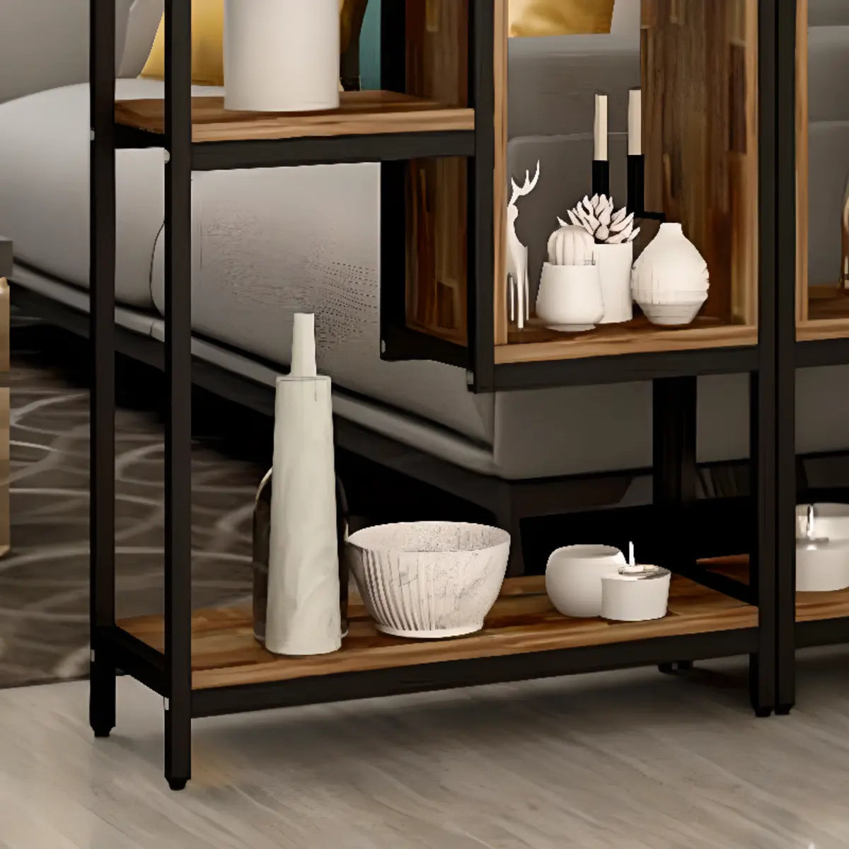 Vertical Modern Black Metal Frame Open Etagere Bookcase Image - 13