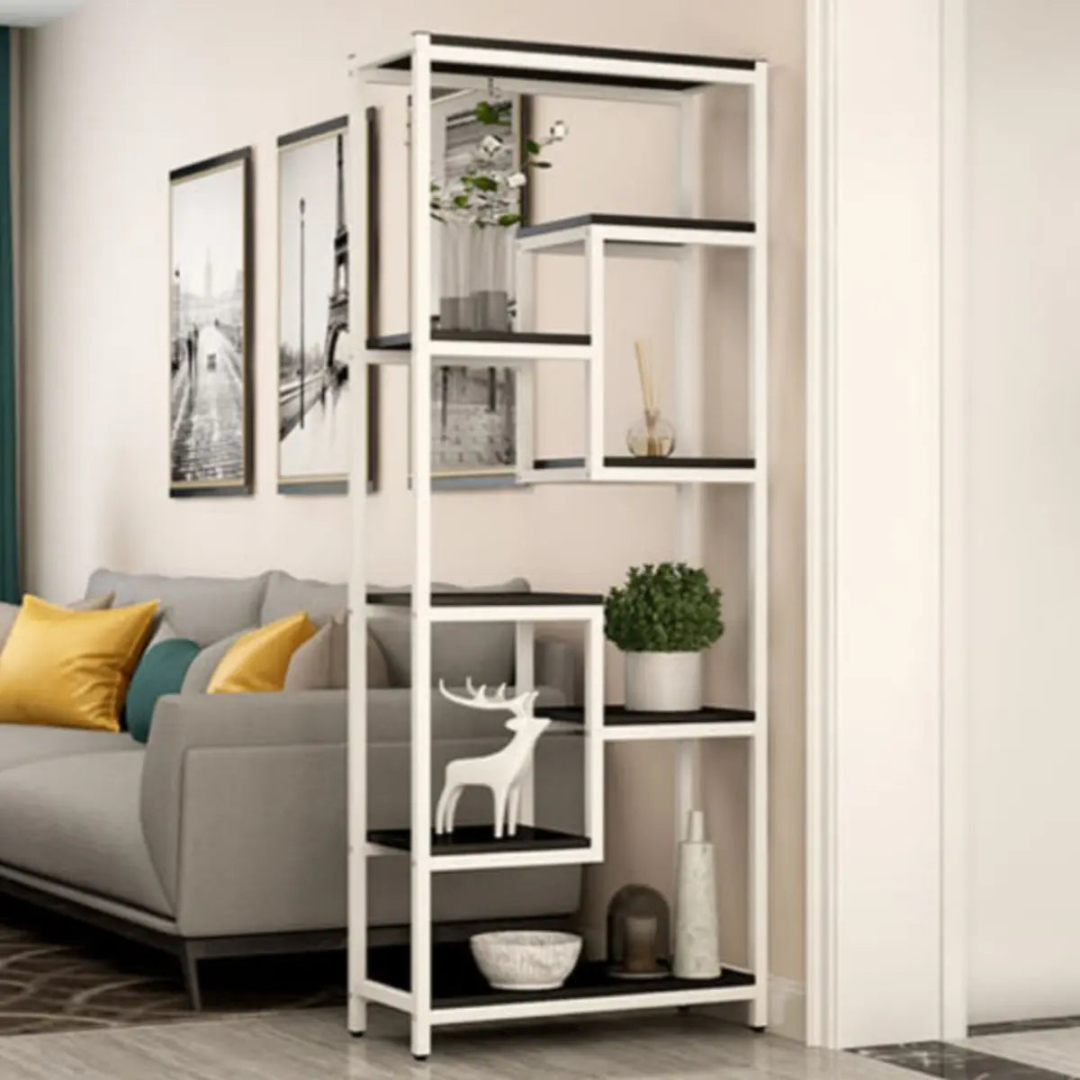 Vertical Modern Black Metal Frame Open Etagere Bookcase Image - 14