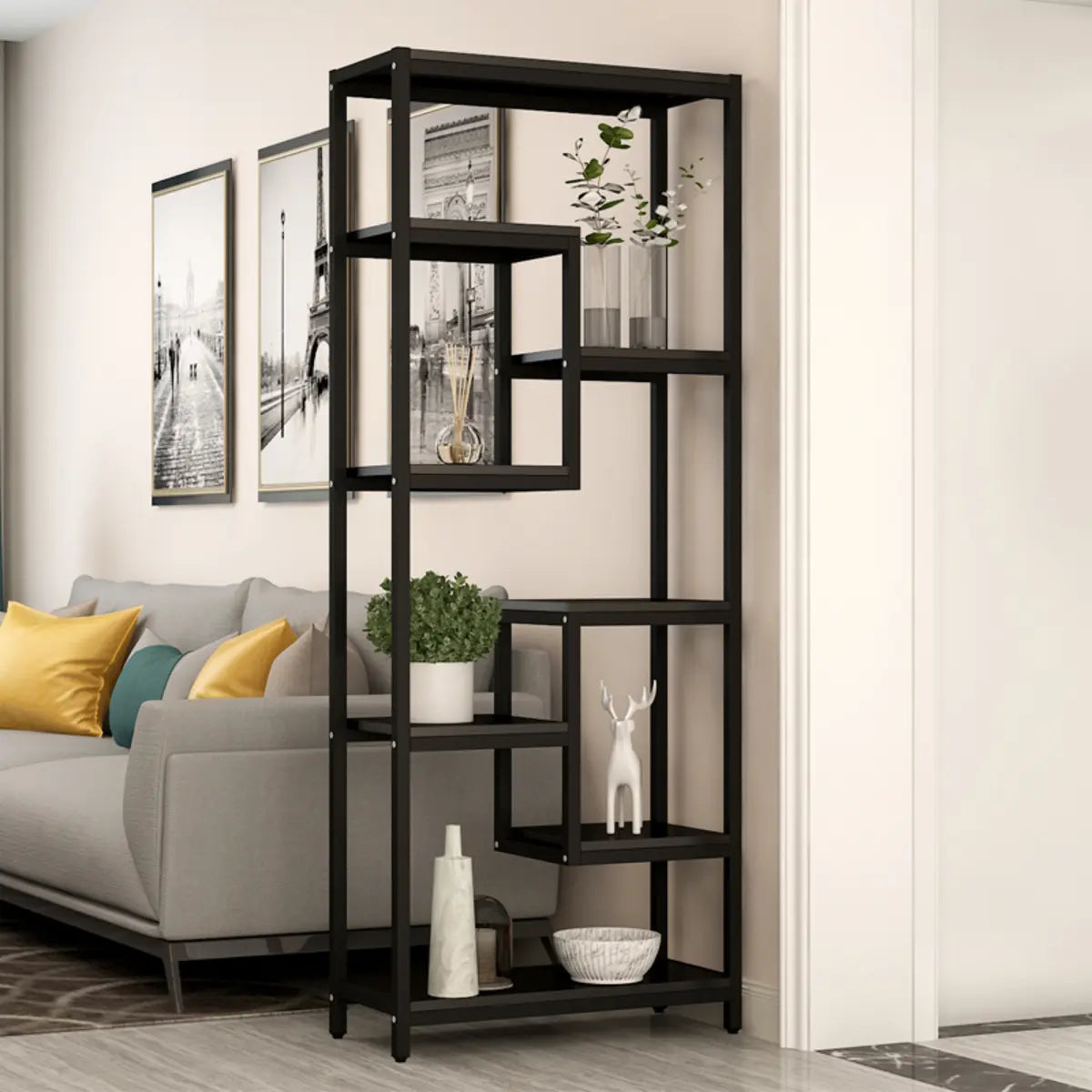 Vertical Modern Black Metal Frame Open Etagere Bookcase Image - 2