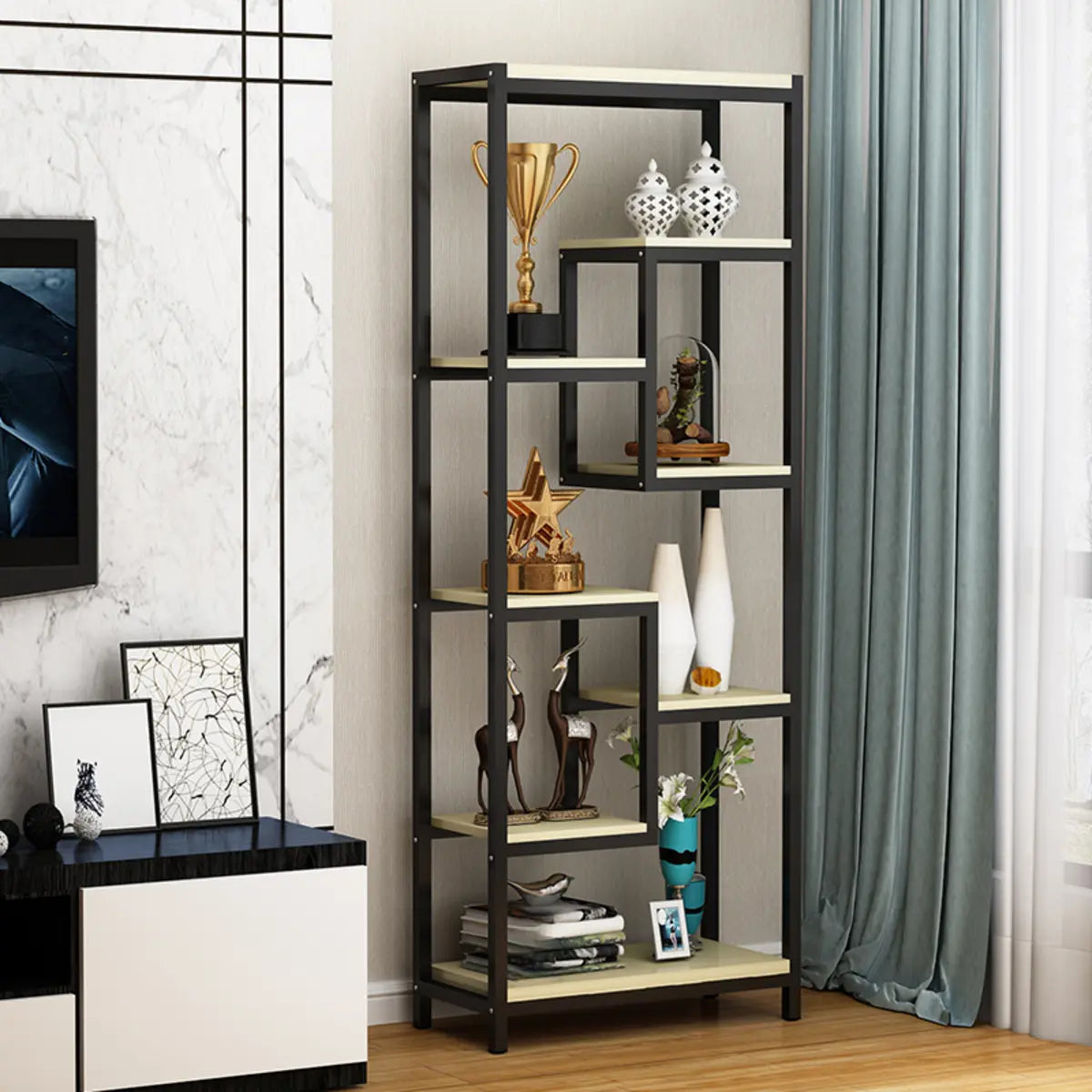 Vertical Modern Black Metal Frame Open Etagere Bookcase Image - 3