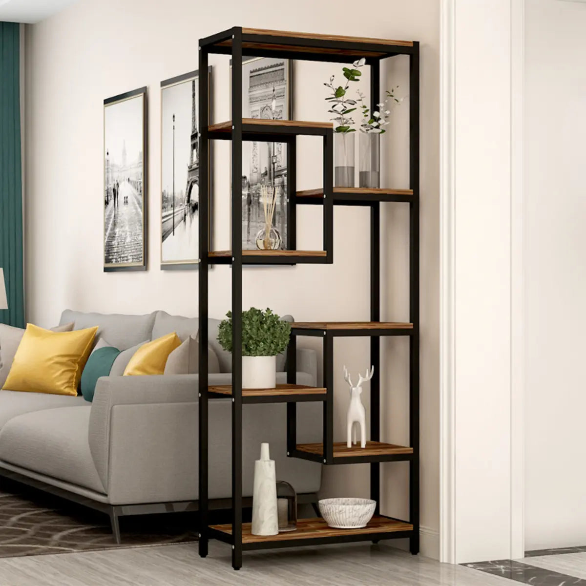 Vertical Modern Black Metal Frame Open Etagere Bookcase Image - 4