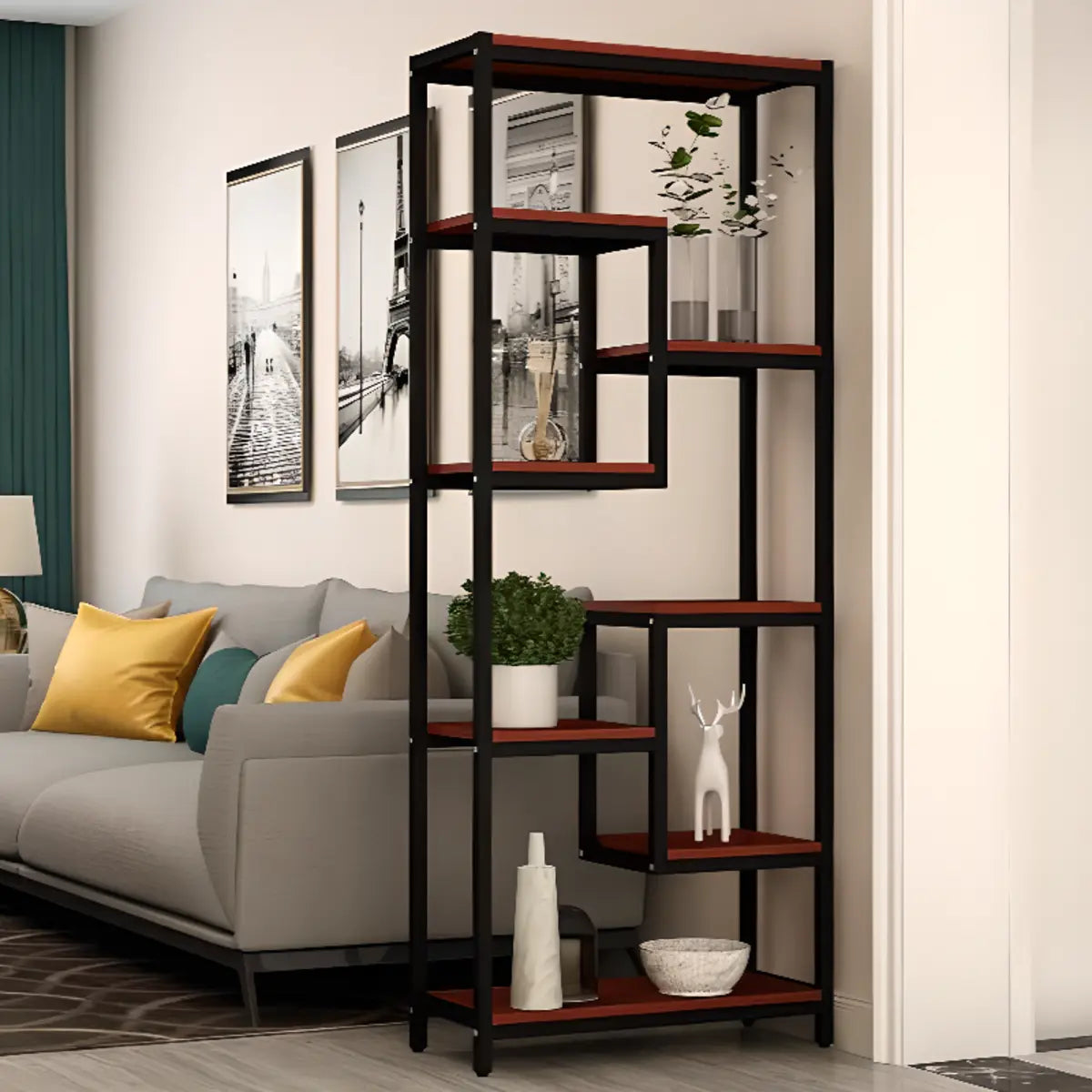 Vertical Modern Black Metal Frame Open Etagere Bookcase Image - 5