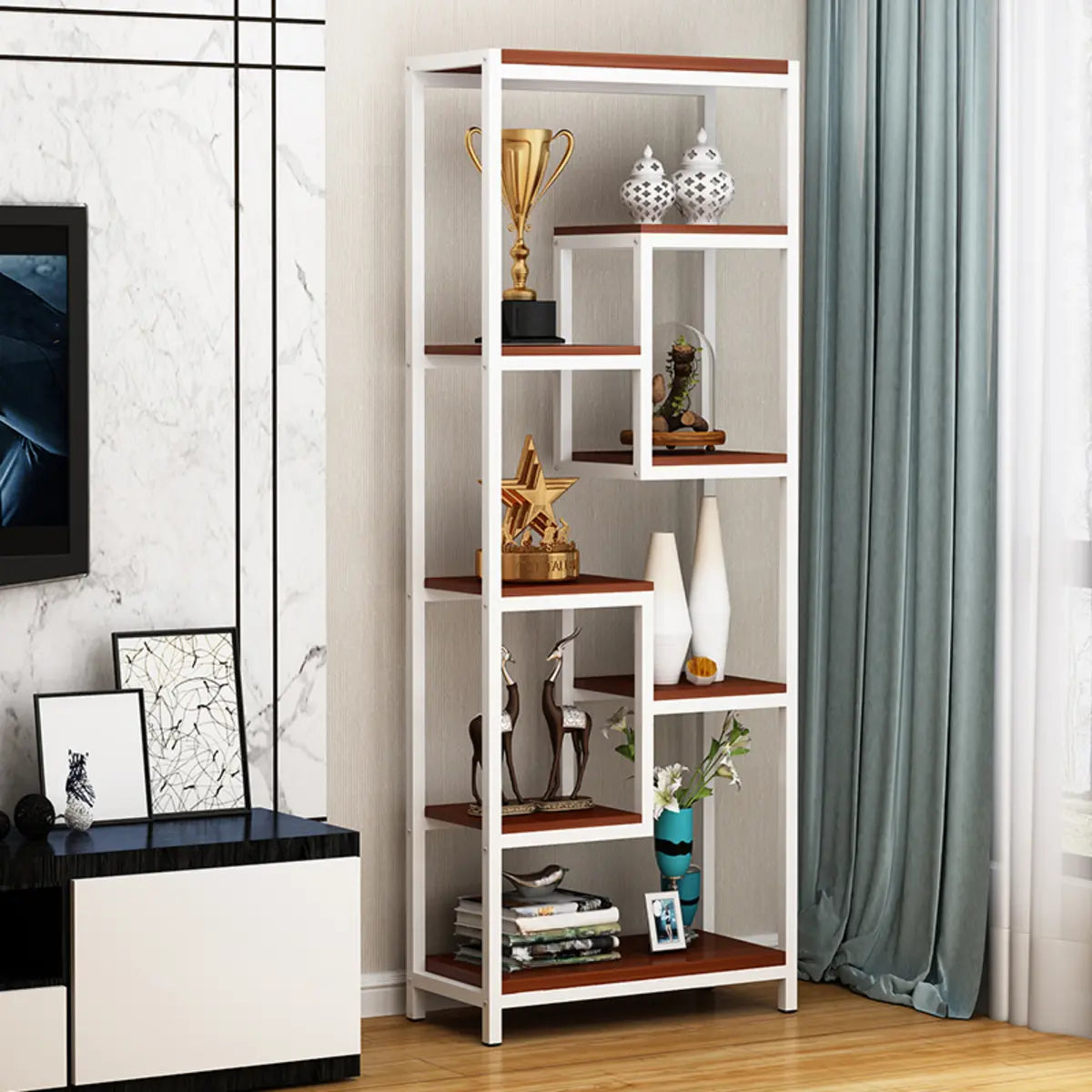 Vertical Modern Black Metal Frame Open Etagere Bookcase Image - 6