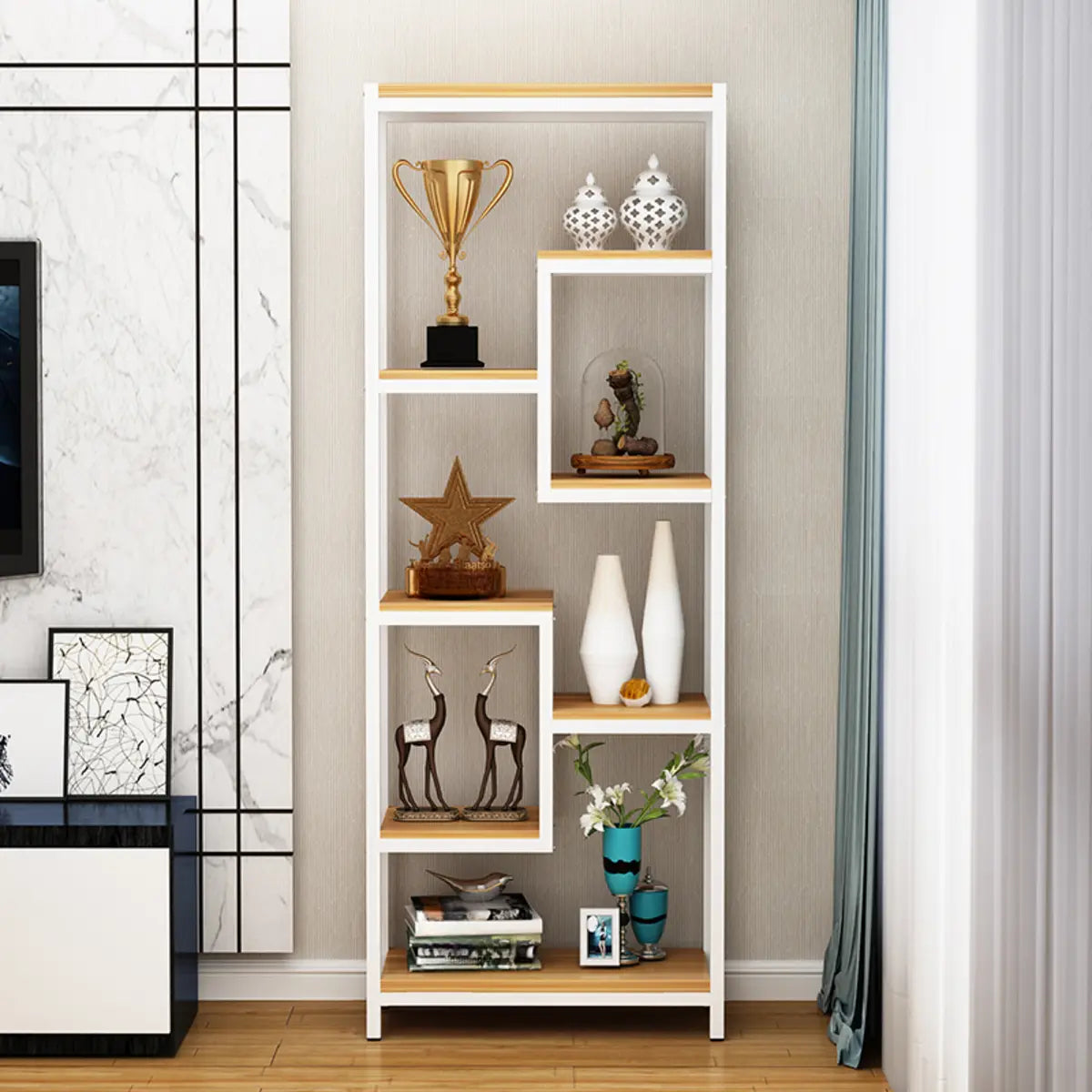 Vertical Modern Black Metal Frame Open Etagere Bookcase Image - 9