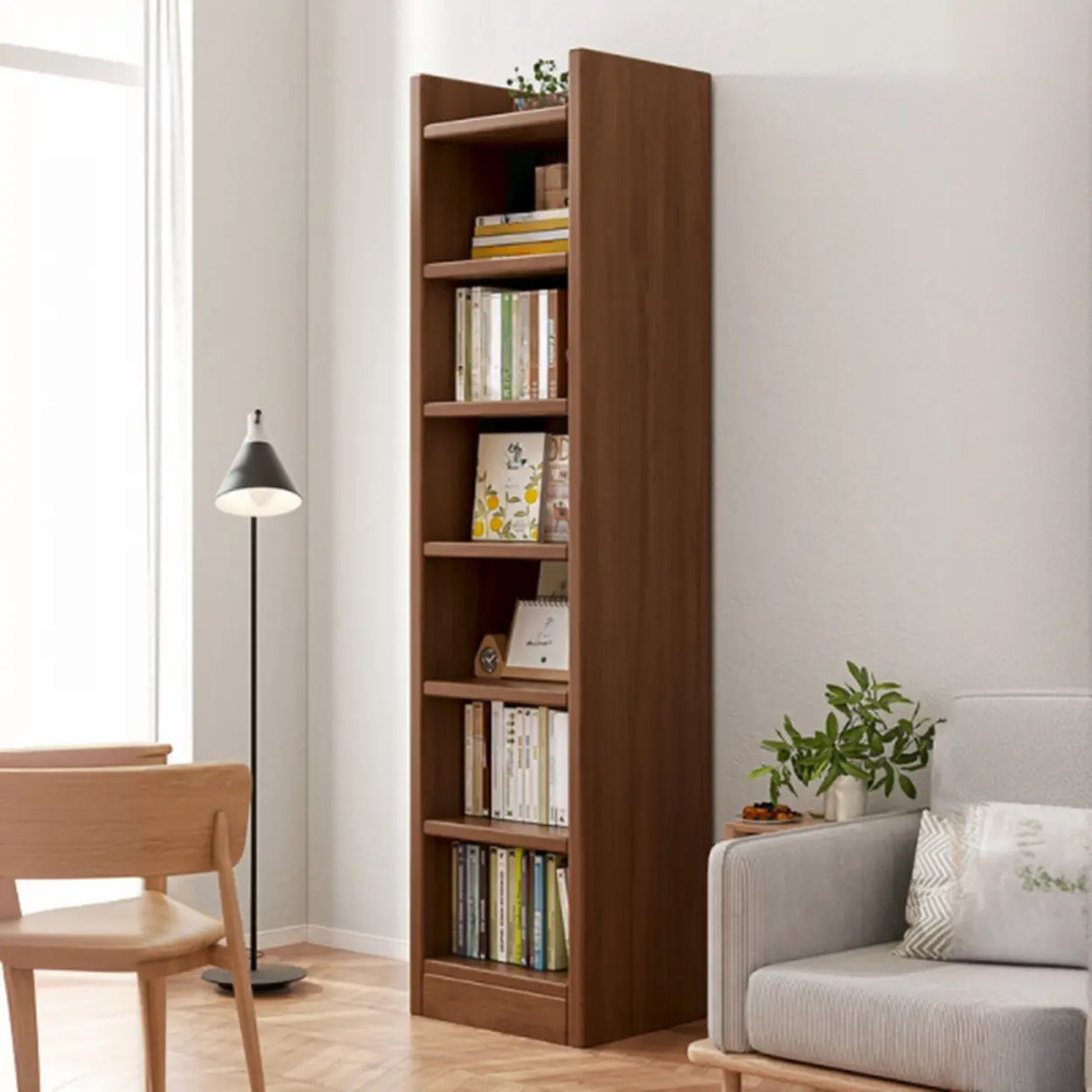 Vertical Simple 6-Shelf Wood Narrow Bookcase Brown Image - 1