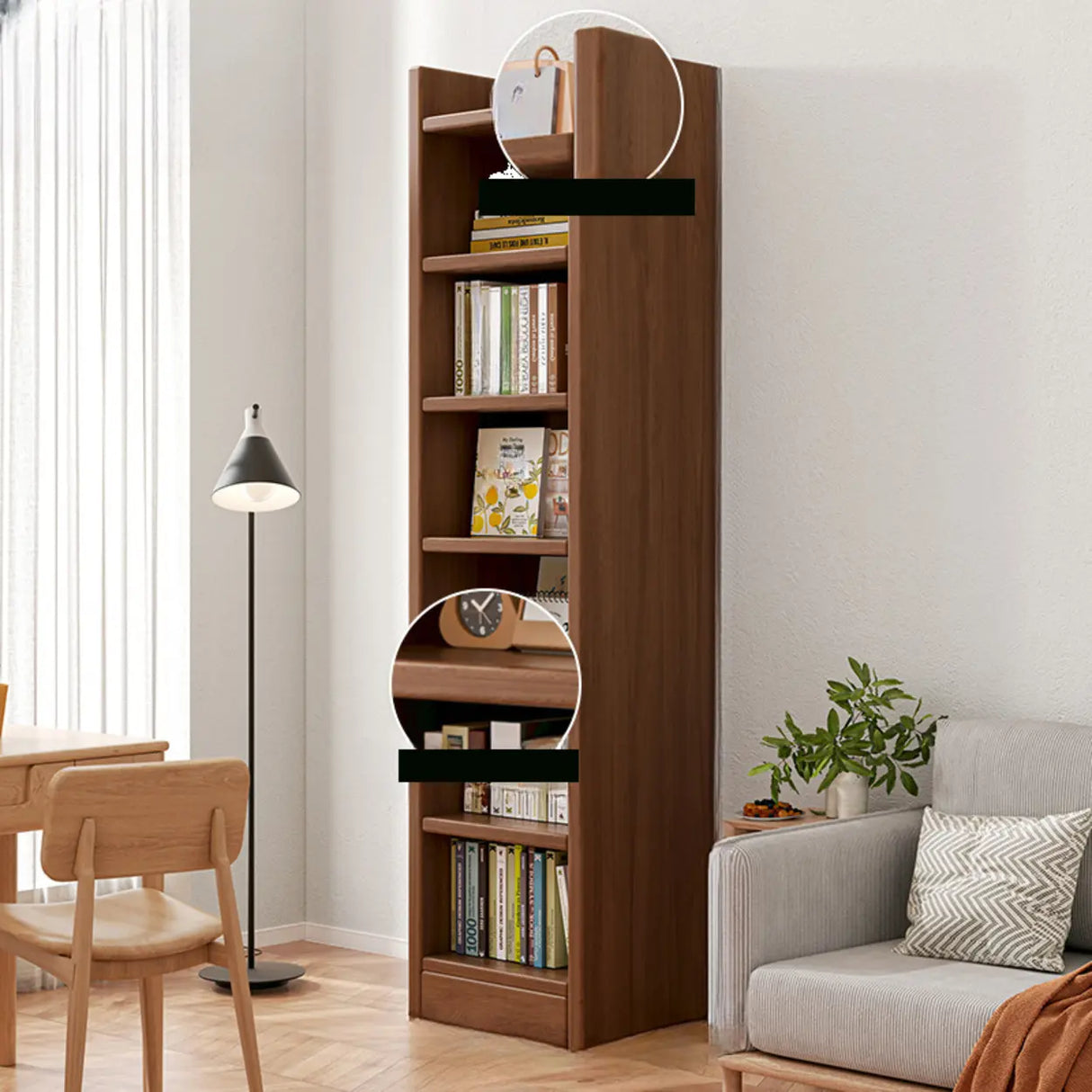 Vertical Simple 6-Shelf Wood Narrow Bookcase Brown Image - 2
