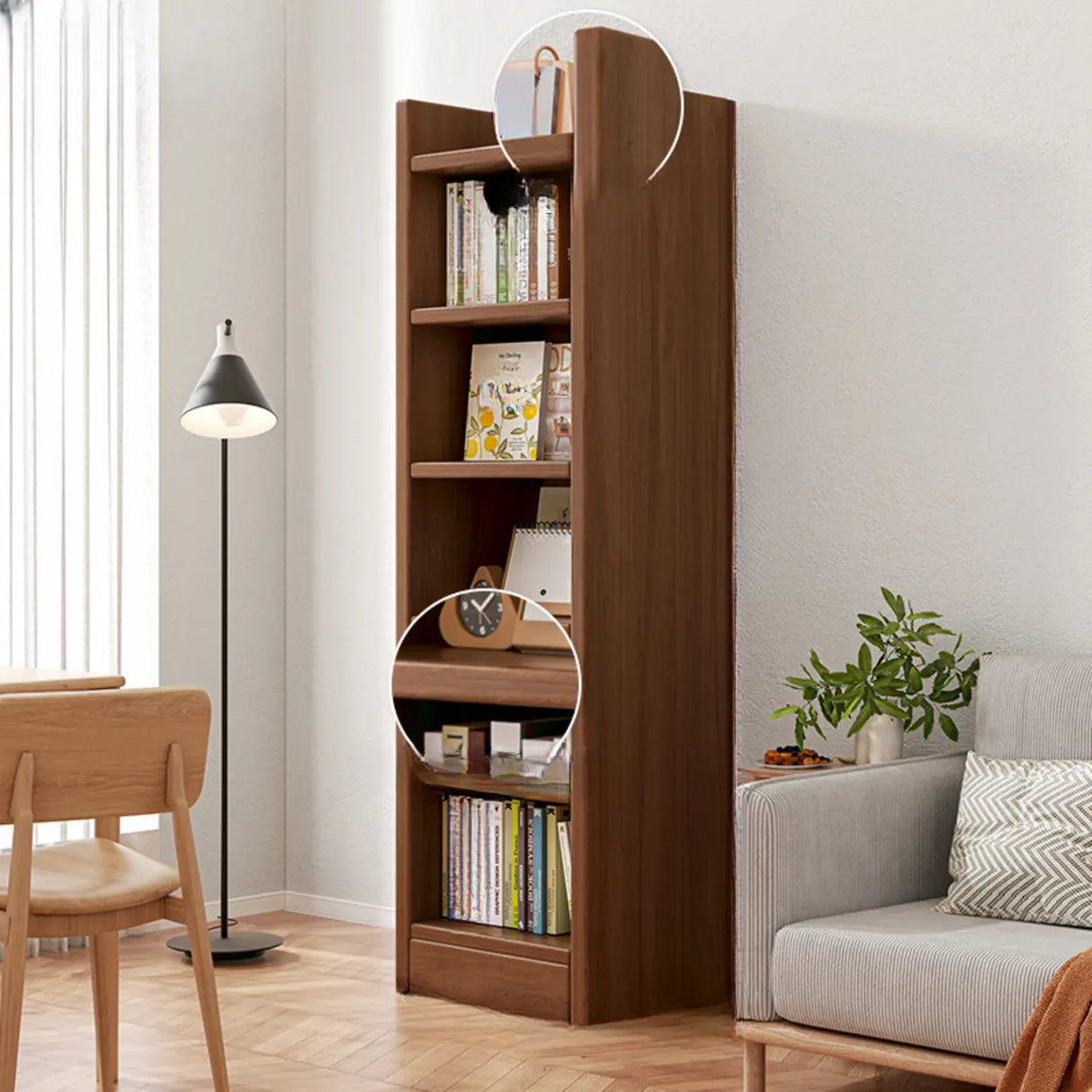 Vertical Simple 6-Shelf Wood Narrow Bookcase Brown Image - 3