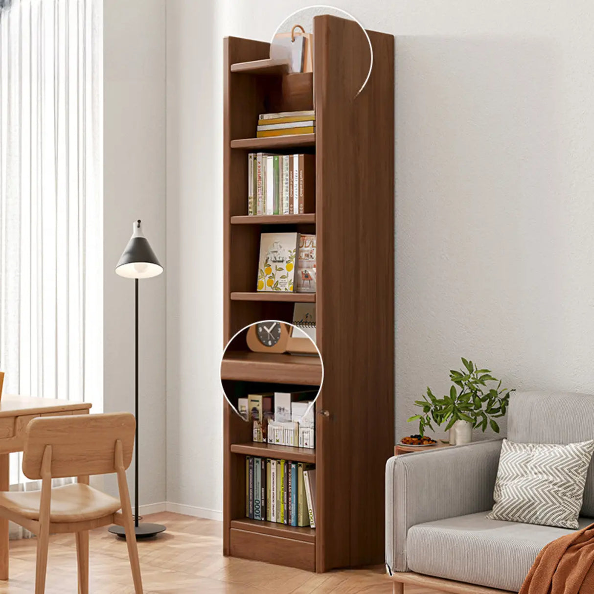 Vertical Simple 6-Shelf Wood Narrow Bookcase Brown Image - 5