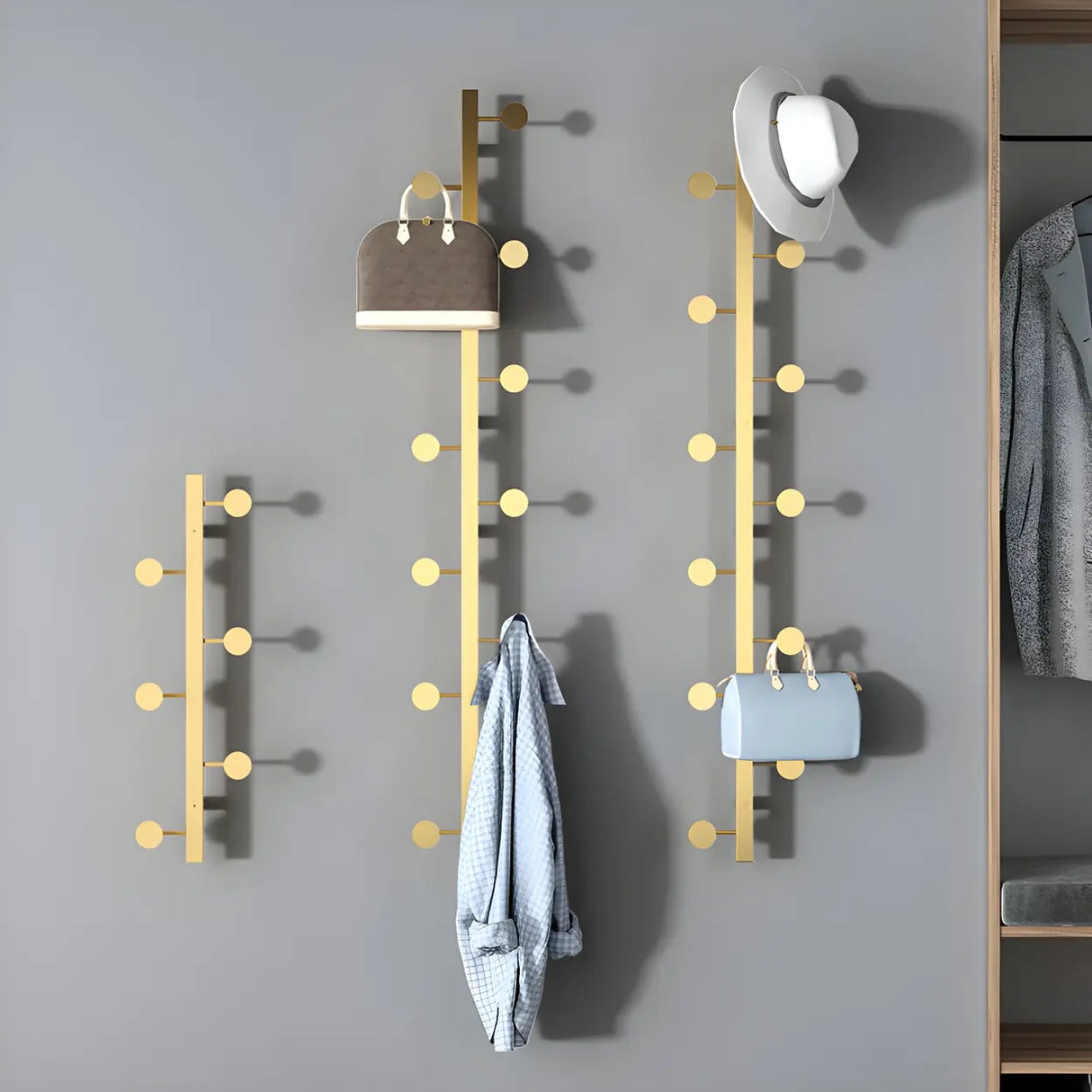 Vertical Steel Gold Wall-Mounted Coat Rack with Hooks Image - 1