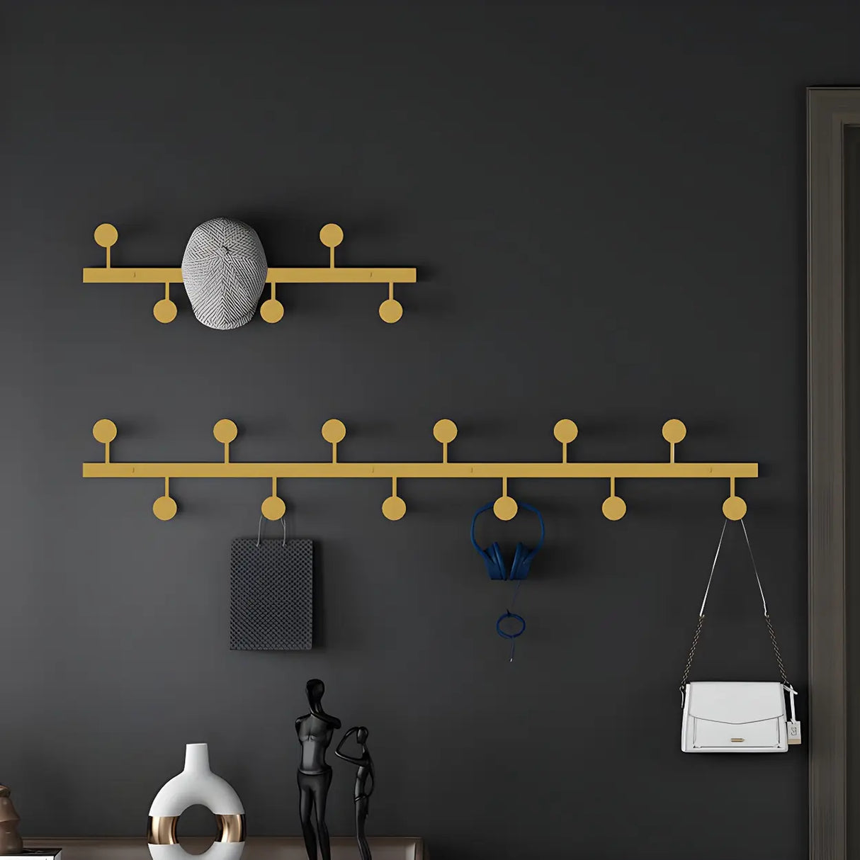 Vertical Steel Gold Wall-Mounted Coat Rack with Hooks Image - 24