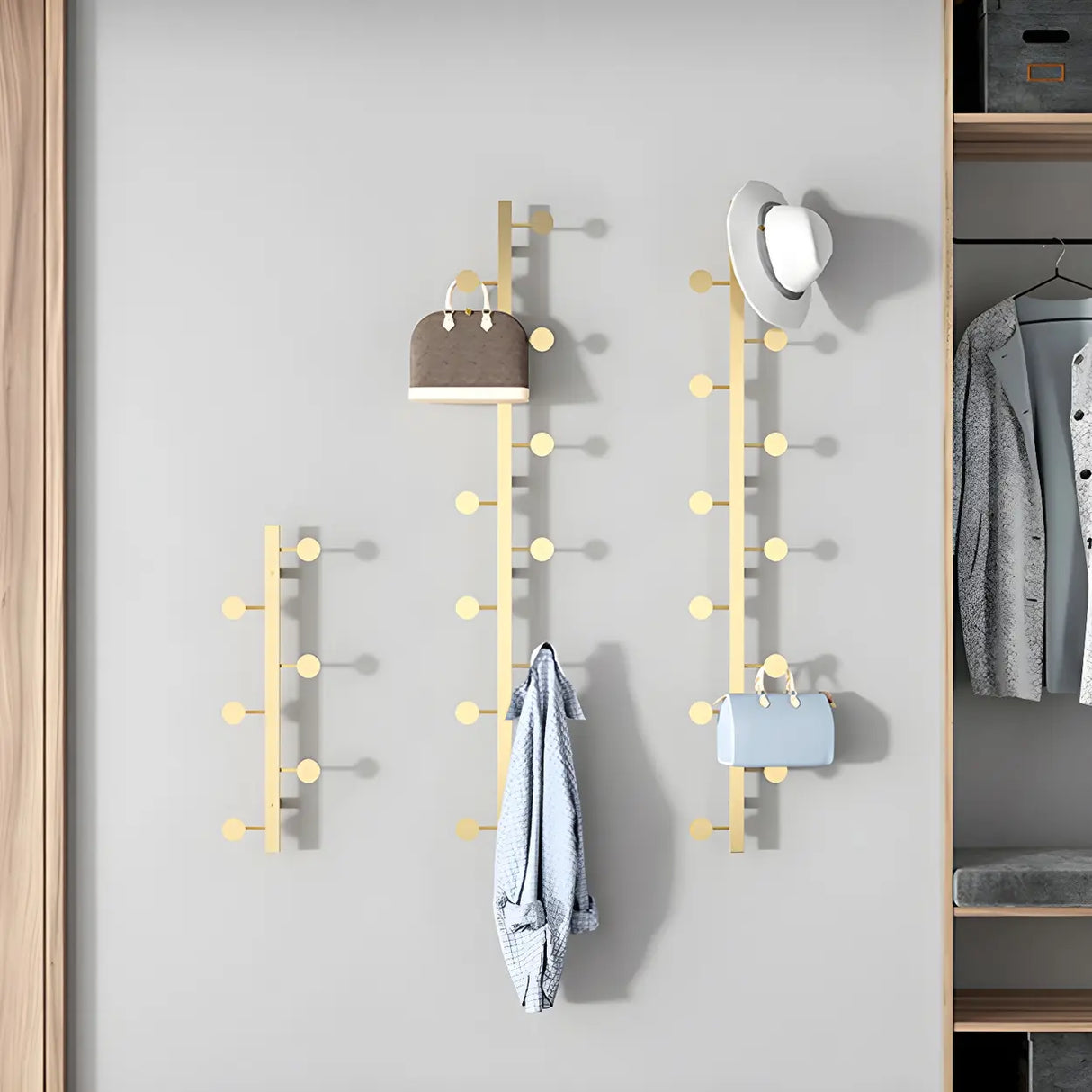 Vertical Steel Gold Wall-Mounted Coat Rack with Hooks Image - 8
