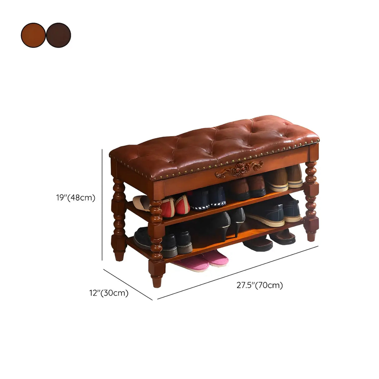 Victorian Brown Faux Leather Cherry Wood Entryway Bench Image - 16