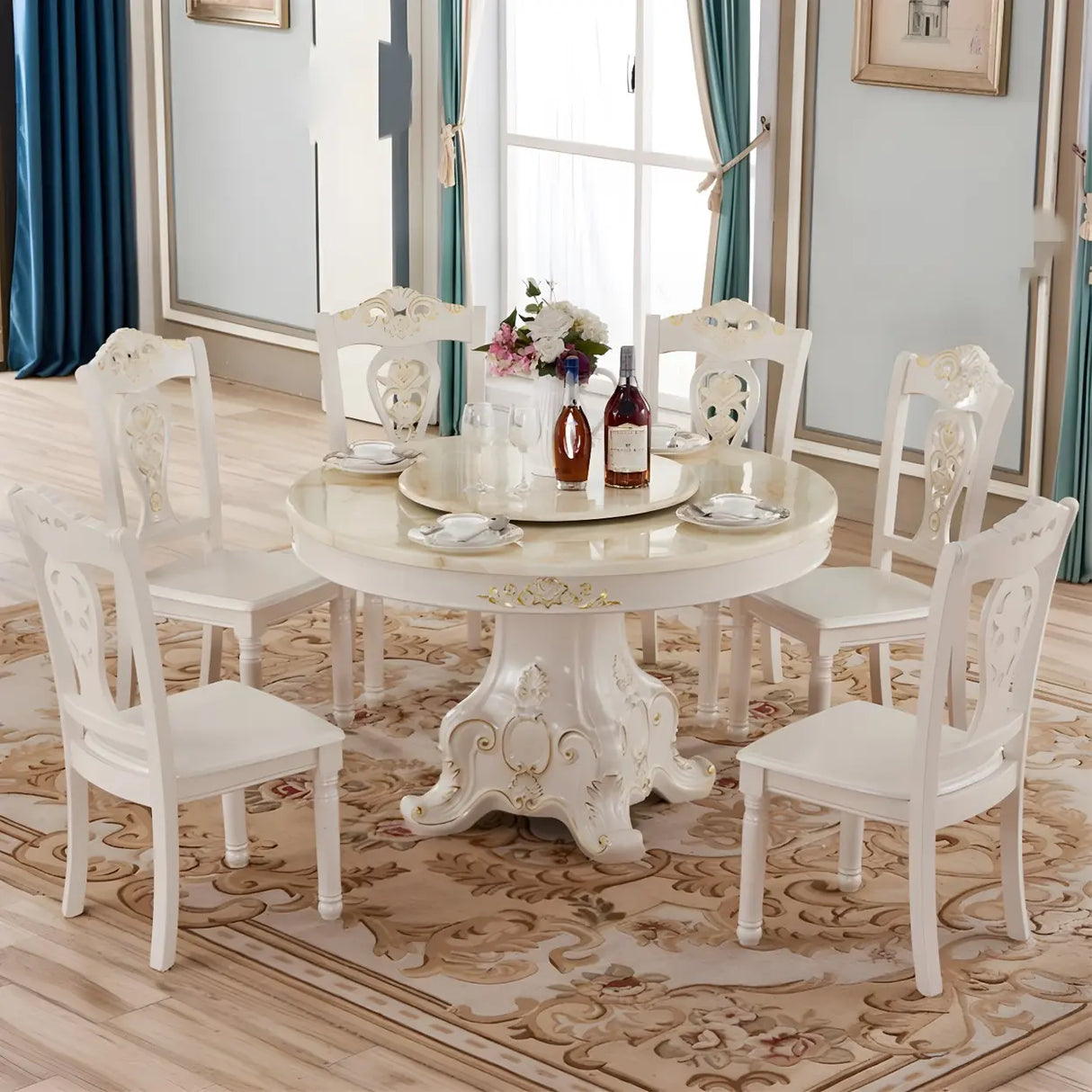 Victorian Round Marble White Scratch Resistant Dining Table Image - 1