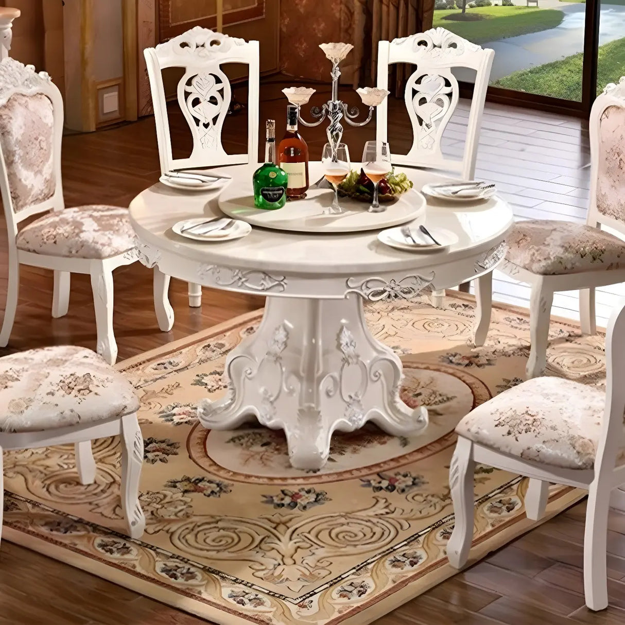 Victorian Round Marble White Scratch Resistant Dining Table Image - 2