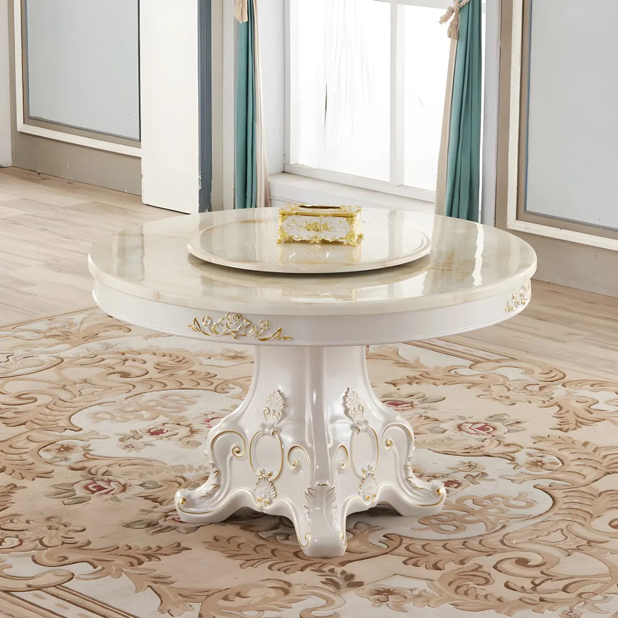 Victorian Round Marble White Scratch Resistant Dining Table Image - 3