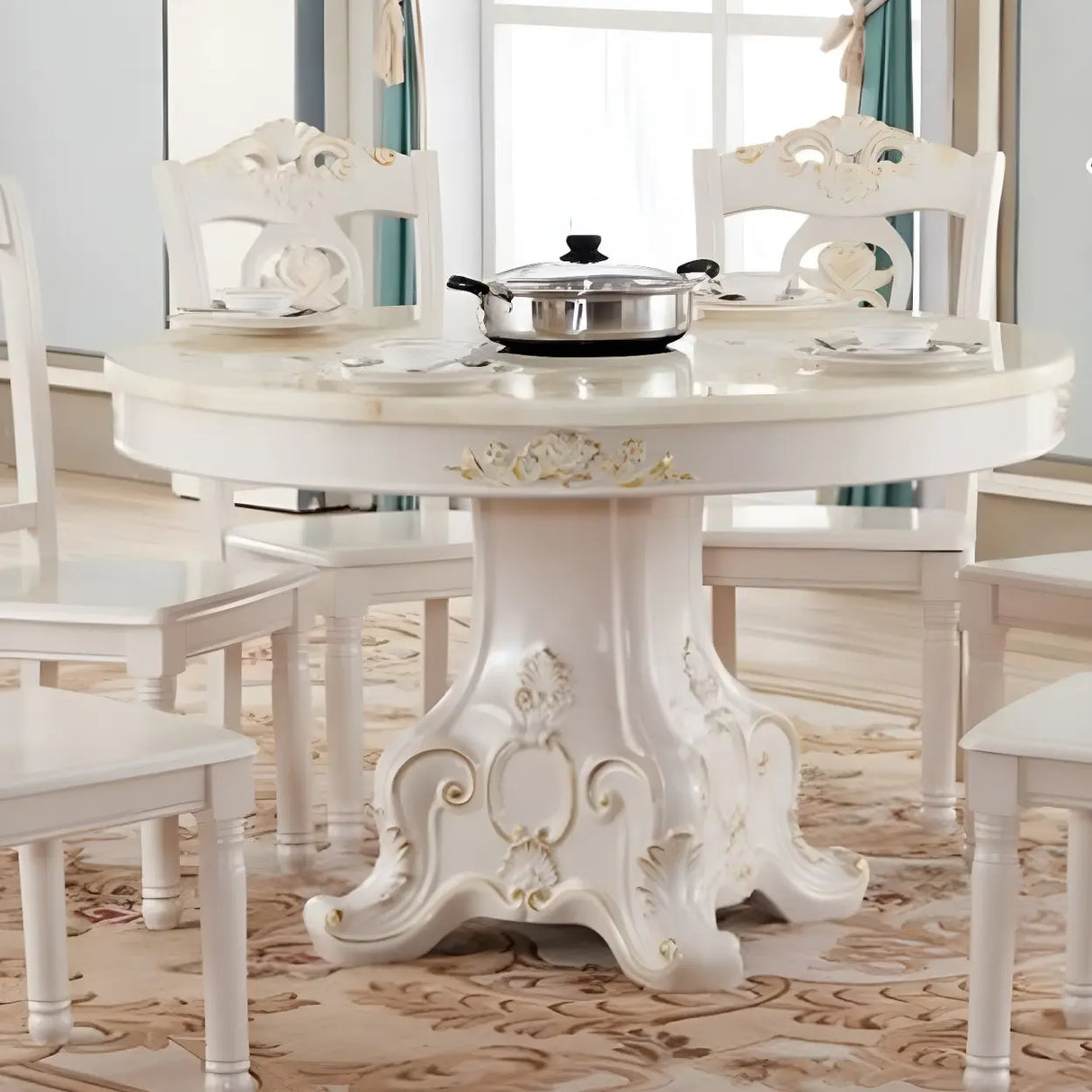 Victorian Round Marble White Scratch Resistant Dining Table Image - 4