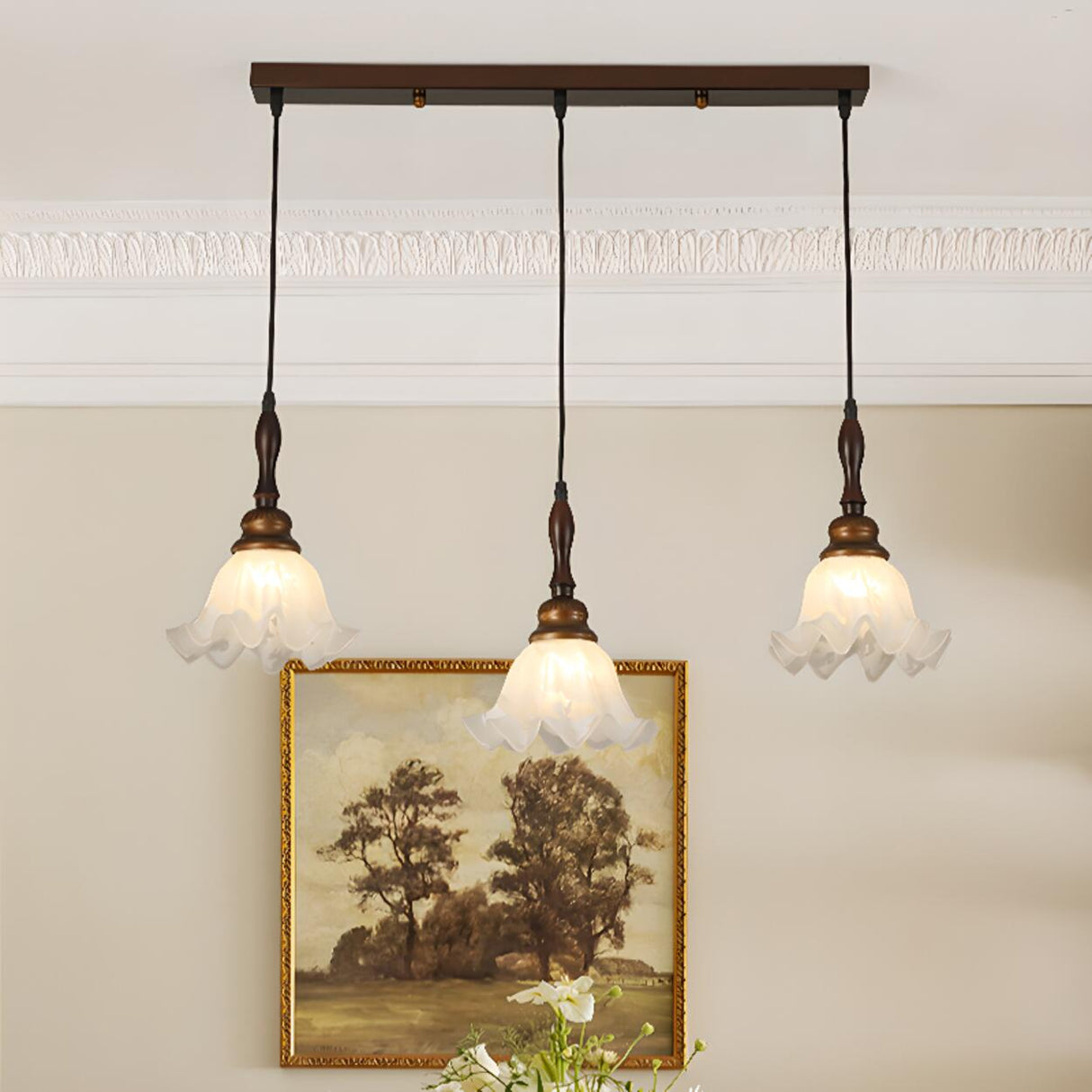 Vintage 3-Light Flower Glass Island Pendant Light Image - 3