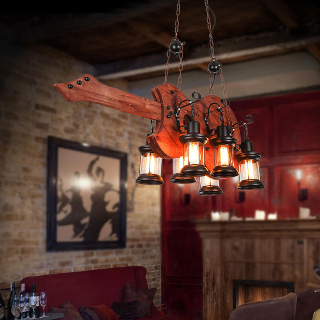 Vintage 6-Light Lantern and Rectangular Island Light Image - 4