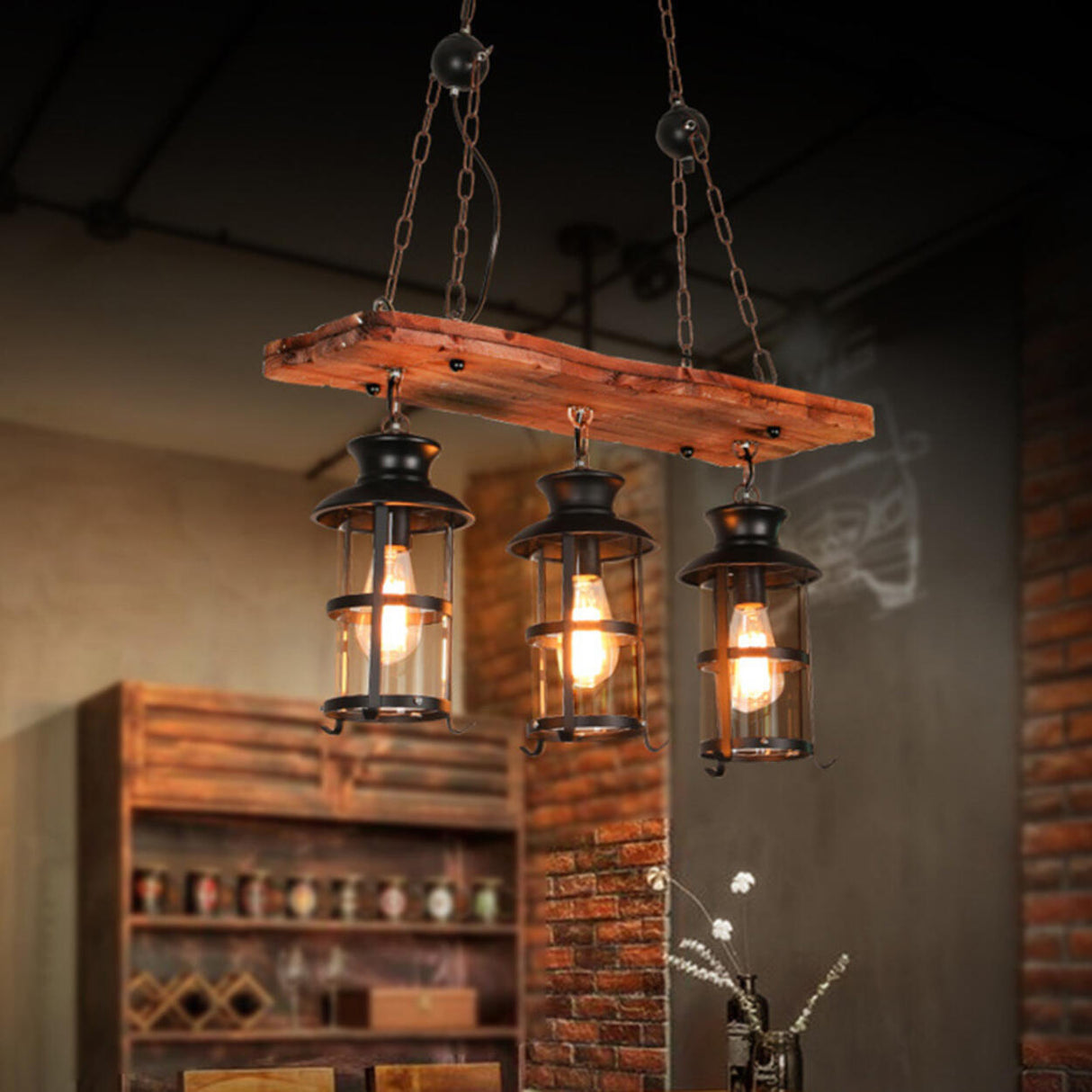 Vintage 6-Light Lantern and Rectangular Island Light Image - 6