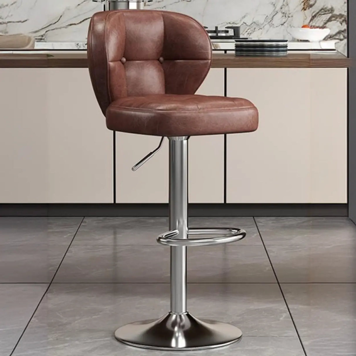 Vintage Adjustable Swivel Leather Padded Backrest Bar Stool Image - 10