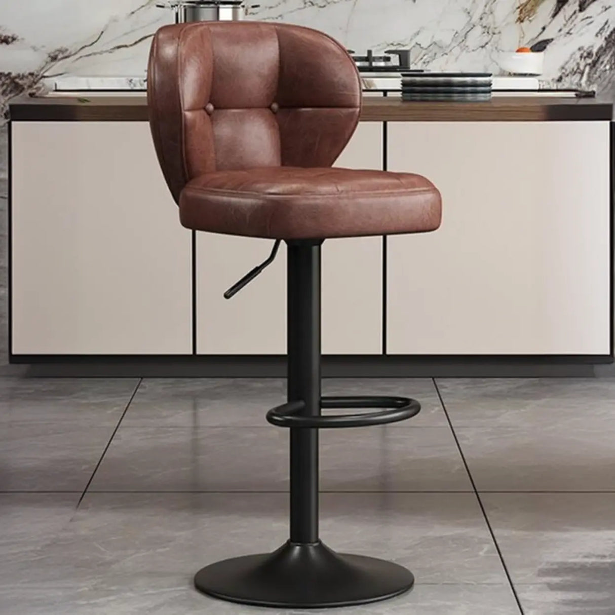 Vintage Adjustable Swivel Leather Padded Backrest Bar Stool Image - 11