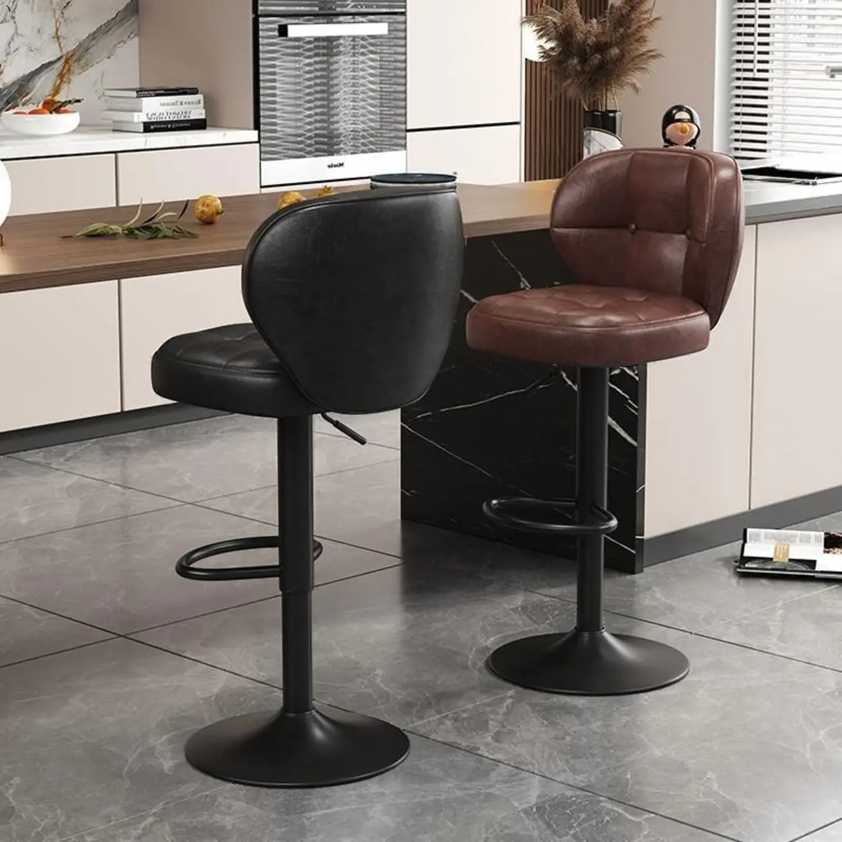 Vintage Adjustable Swivel Leather Padded Backrest Bar Stool Image - 4