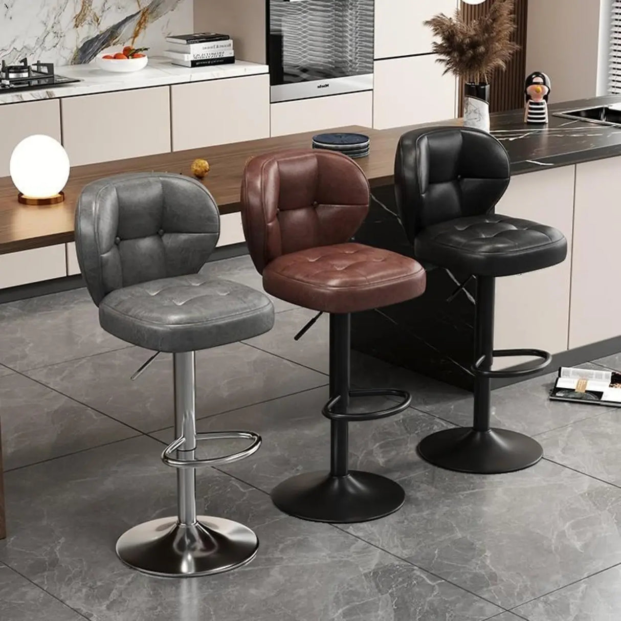 Vintage Adjustable Swivel Leather Padded Backrest Bar Stool Image - 6