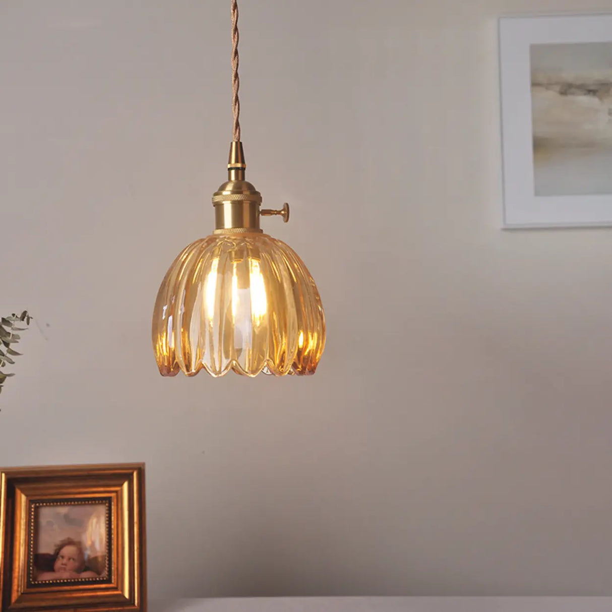 Vintage Amber Clear Glass Rope Flower Pendant Light Image - 1