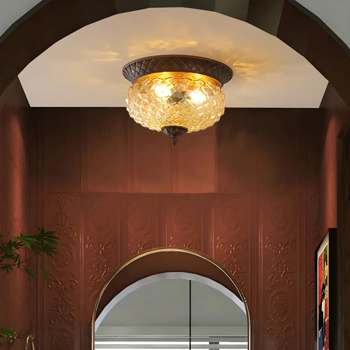 Vintage Amber Walnut Glass Flush Mount Ceiling Light Image - 2