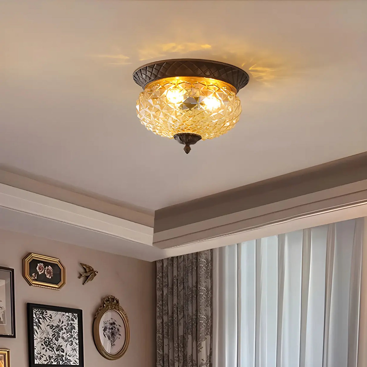 Vintage Amber Walnut Glass Flush Mount Ceiling Light Image - 3