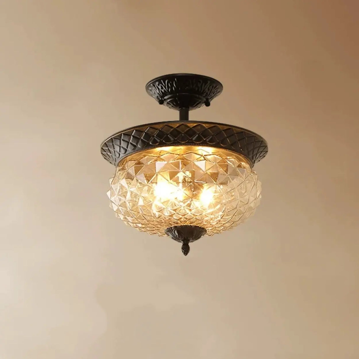 Vintage Amber Walnut Glass Flush Mount Ceiling Light Image - 4
