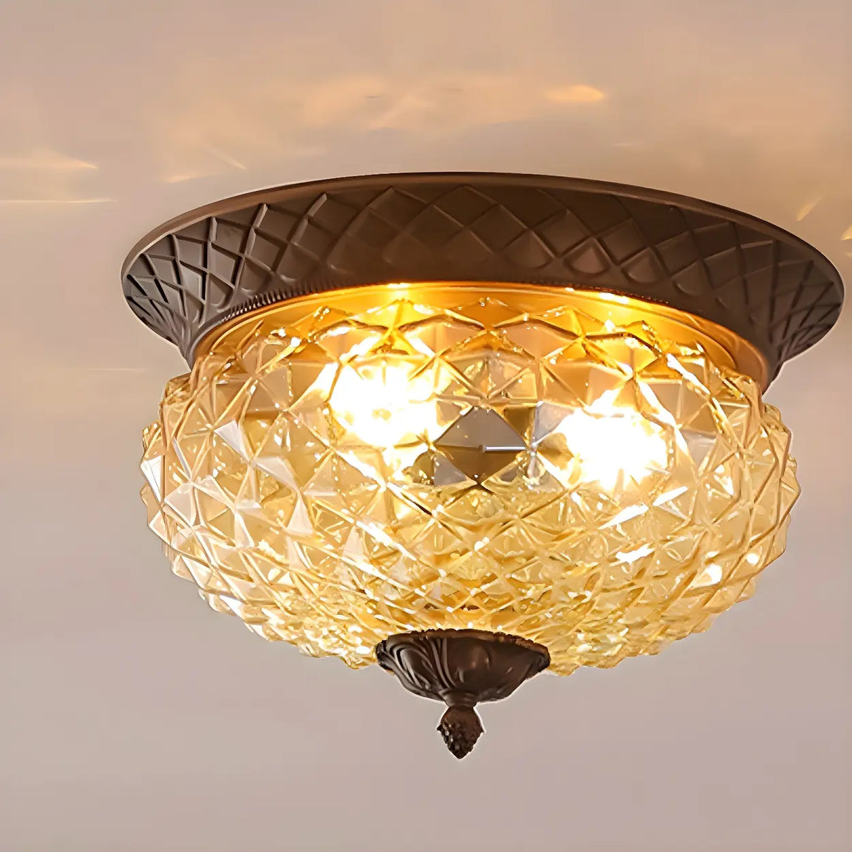 Vintage Amber Walnut Glass Flush Mount Ceiling Light Image - 5