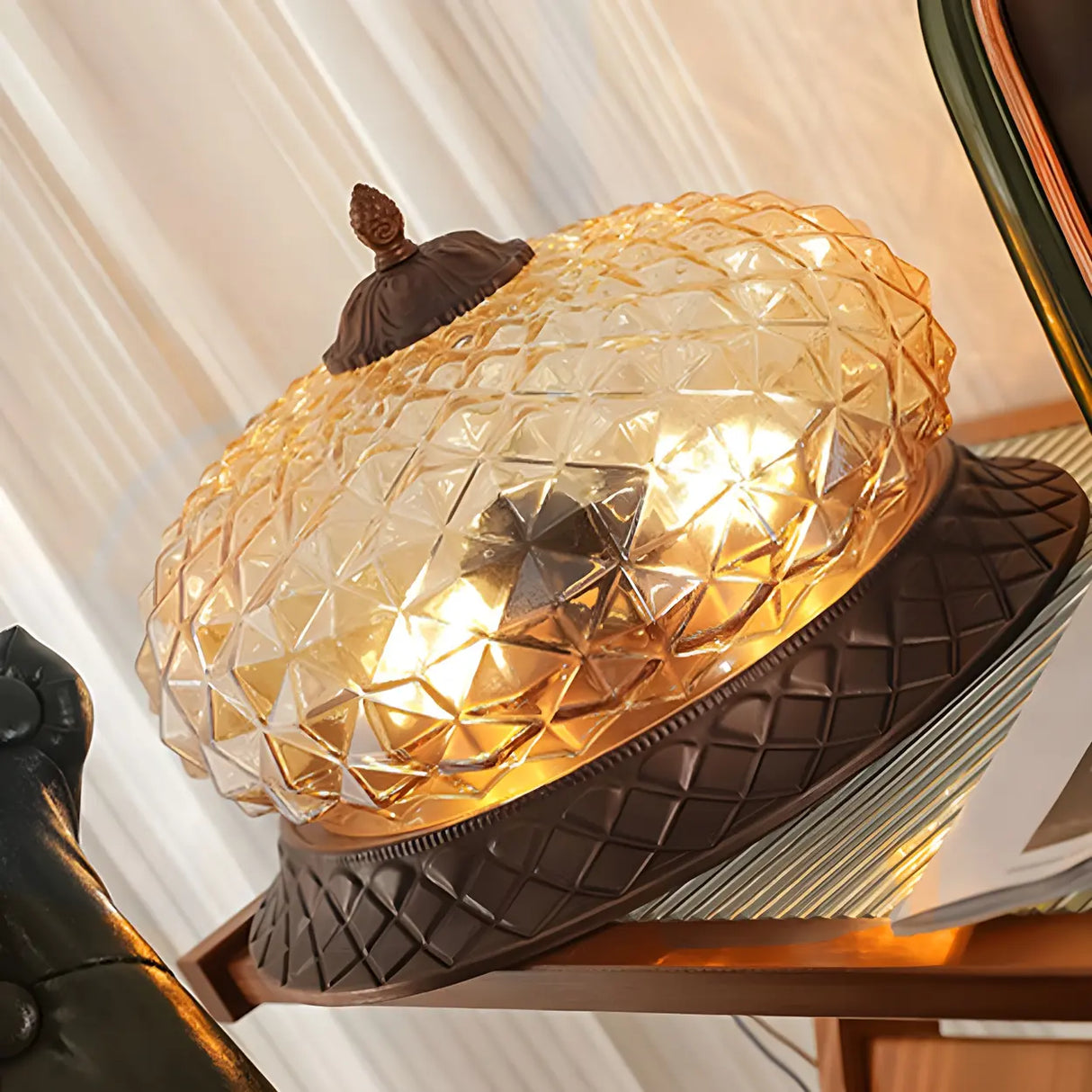 Vintage Amber Walnut Glass Flush Mount Ceiling Light Image - 7