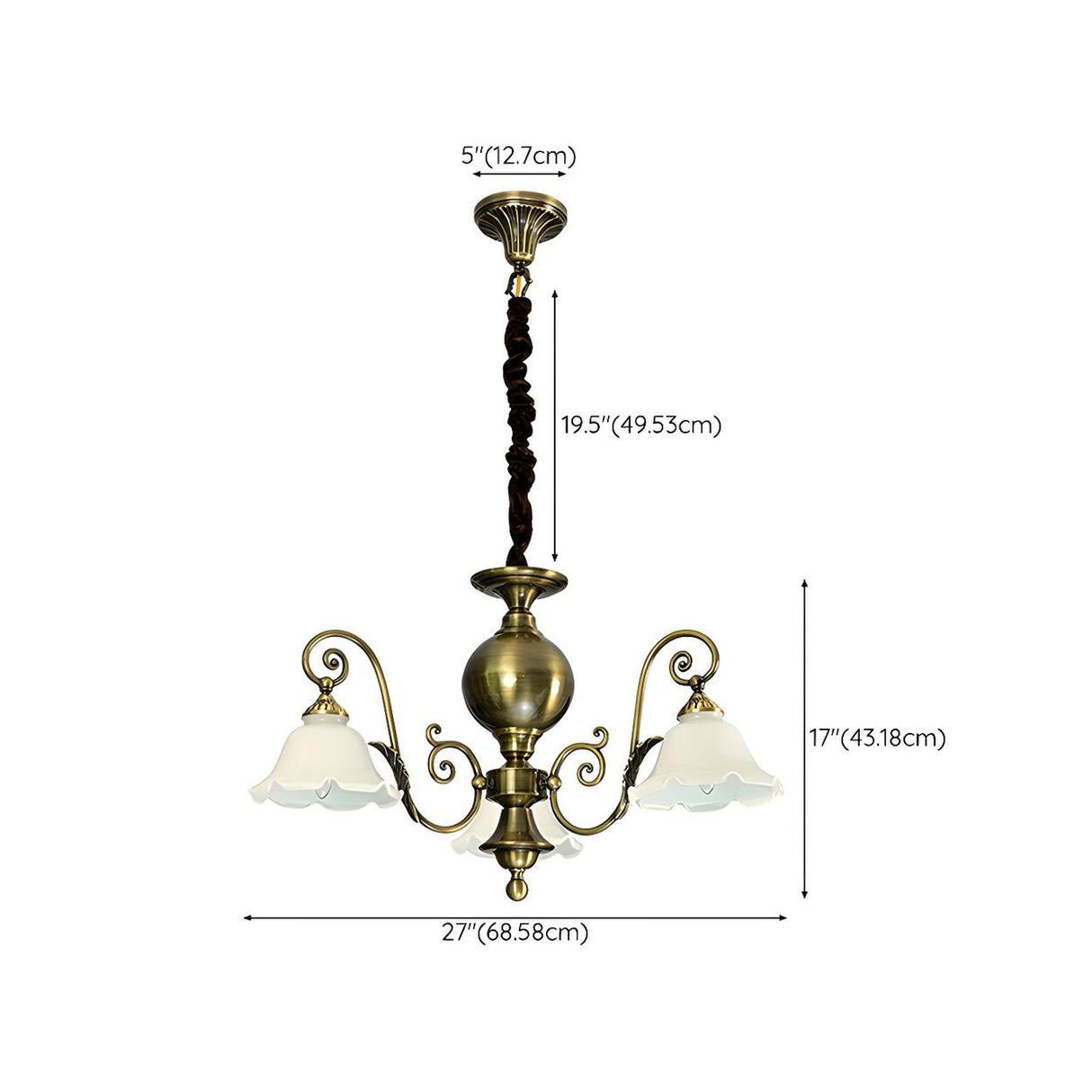 Vintage Antique Brass Frosted Glass Flower Chandelier