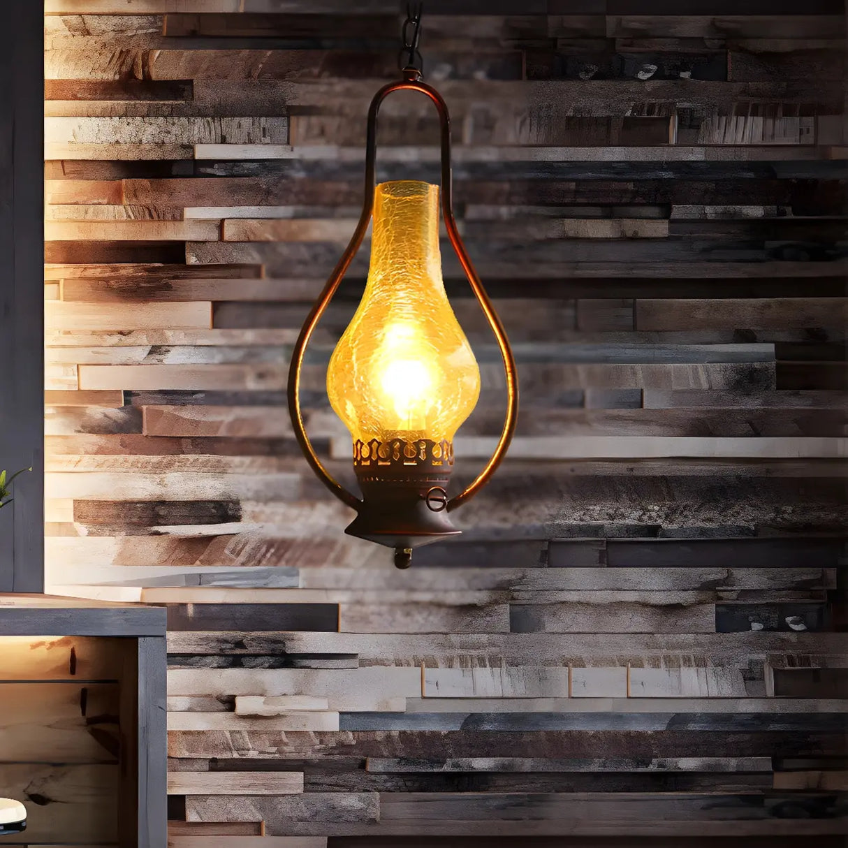 Vintage Antique Copper Amber Glass Lantern Pendant Light Image - 5